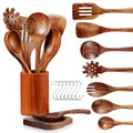 LSFCHUJU Wooden Spoons for Cooking - 10 Piece Natural Teak Wood Kitchen Utensil Set, Wooden Spoons Set with Holder, Spoon Rest & Hooks, Wooden Spatula Set with 7 Metal Hooks