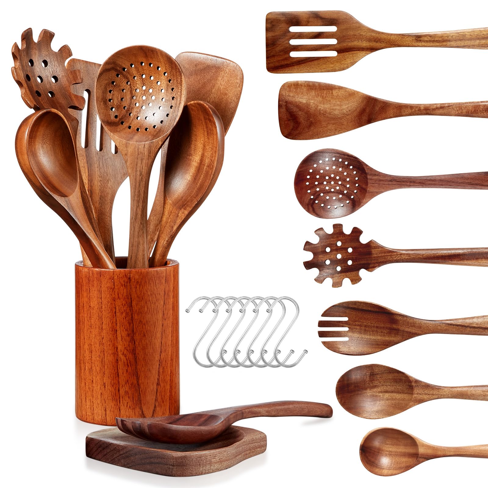LSFCHUJU Wooden Spoons for Cooking - 10 Piece Natural Teak Wood Kitchen Utensil Set, Wooden Spoons Set with Holder, Spoon Rest & Hooks, Wooden Spatula Set with 7 Metal Hooks