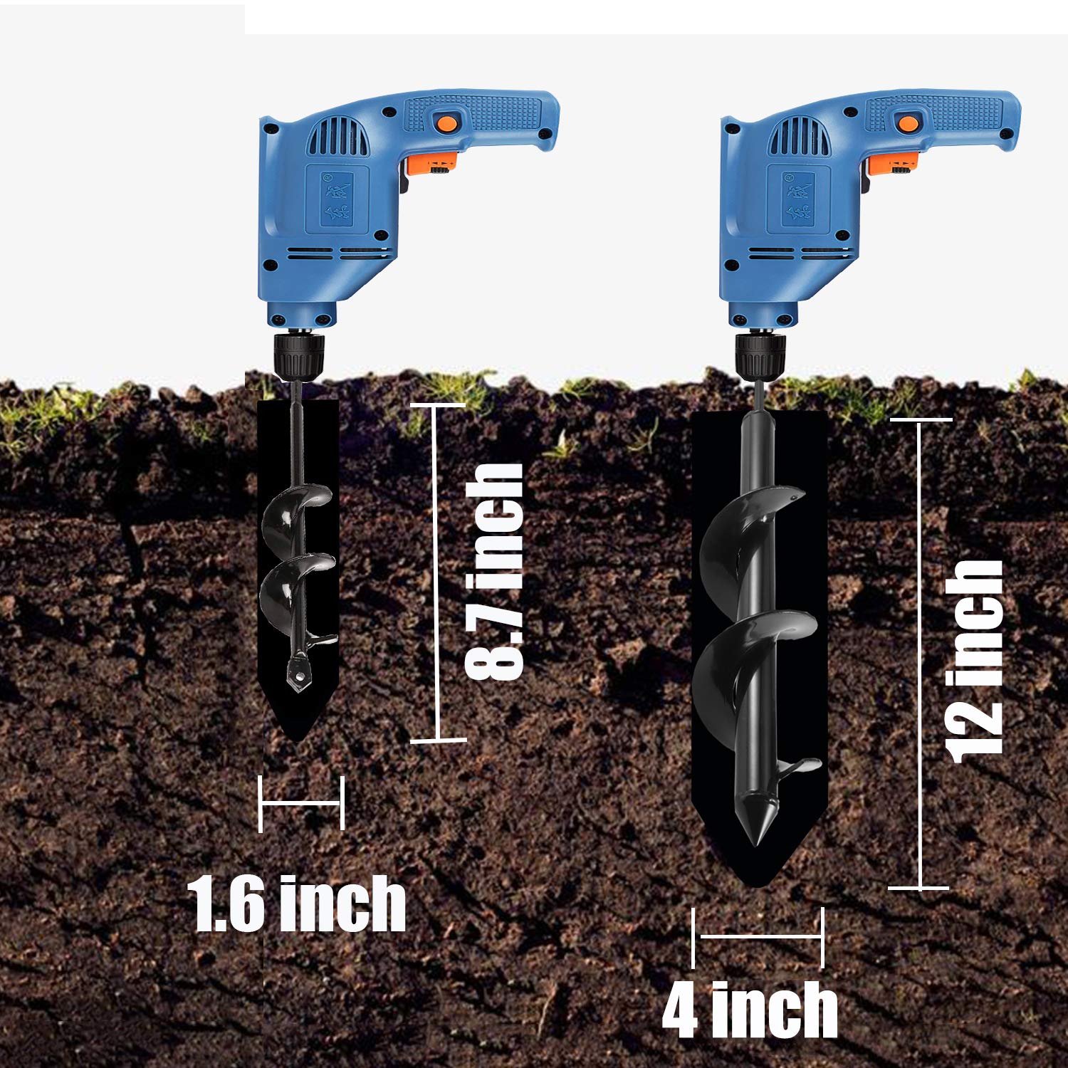 Jayzod Auger Drill bit for Planting 1.6x8.7& 4x12 Garden Auger Spiral Drill Bit,Bulb & Bedding Plant Augers,Plants Drill bit for 3/8” Hex Drive Drill