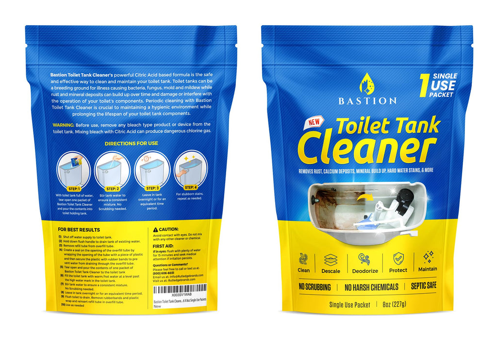 Bastion Toilet Tank Cleaner - 6-Uses. Removes Rust, Minerial Deposits, Hard Water Stains, & Calcium Build Up. Contains 6 X 8oz Single Use Packets