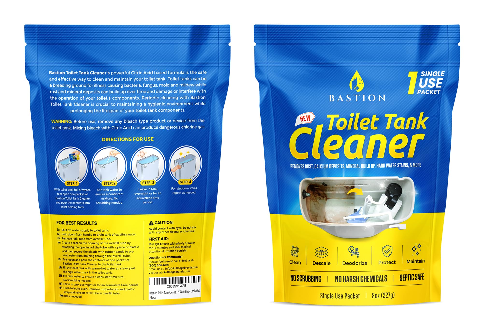 Bastion Toilet Tank Cleaner - 6-Uses. Removes Rust, Minerial Deposits, Hard Water Stains, & Calcium Build Up. Contains 6 X 8oz Single Use Packets