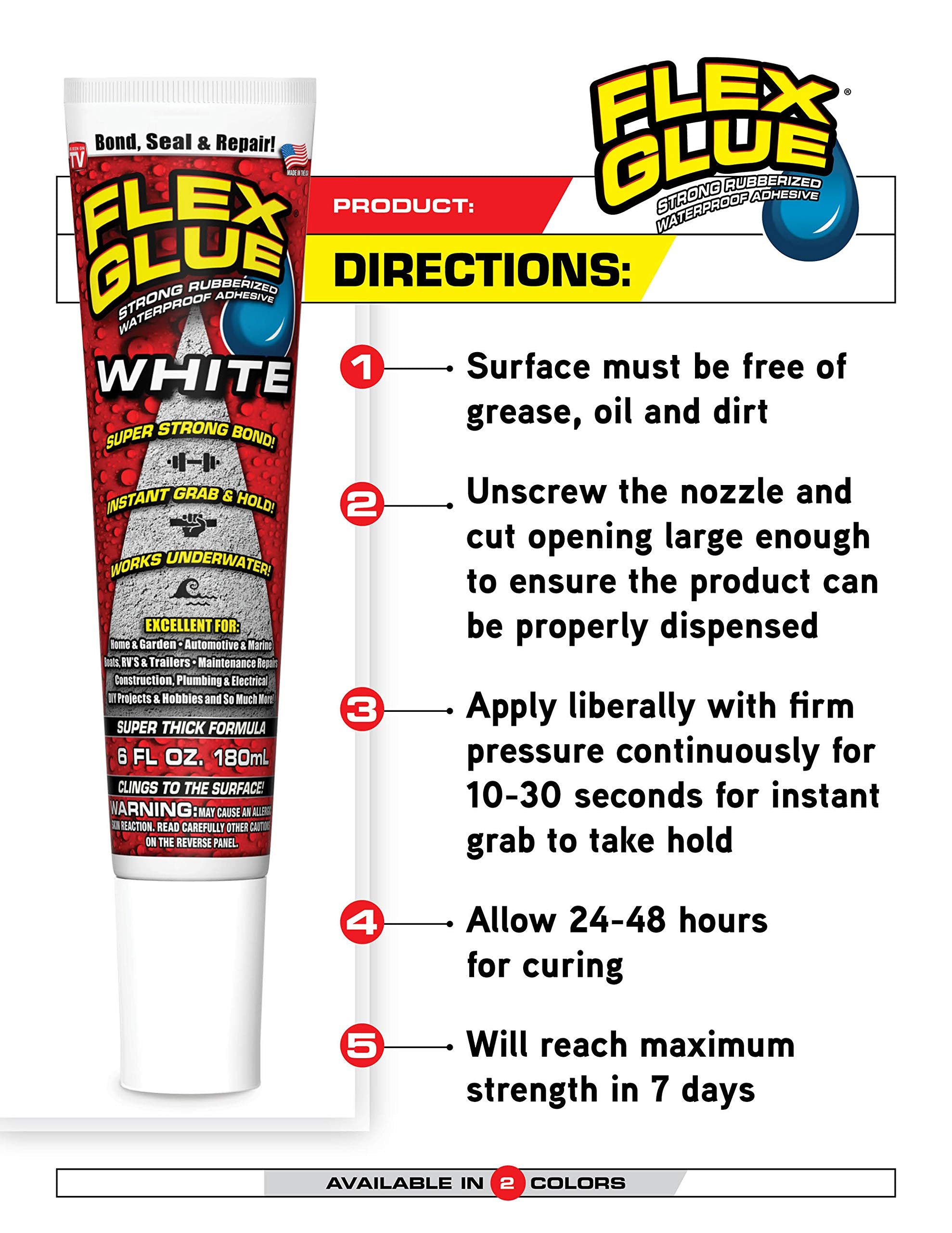 Flex Glue - Strong Waterproof Rubberized Adhesive, Durable, Flexible & Works Underwater, Indoor & Outdoor, Instant Grab & Hold, Construction DIY Automotive All-Purpose Repairs WHITE 6 fl oz. 180 mL