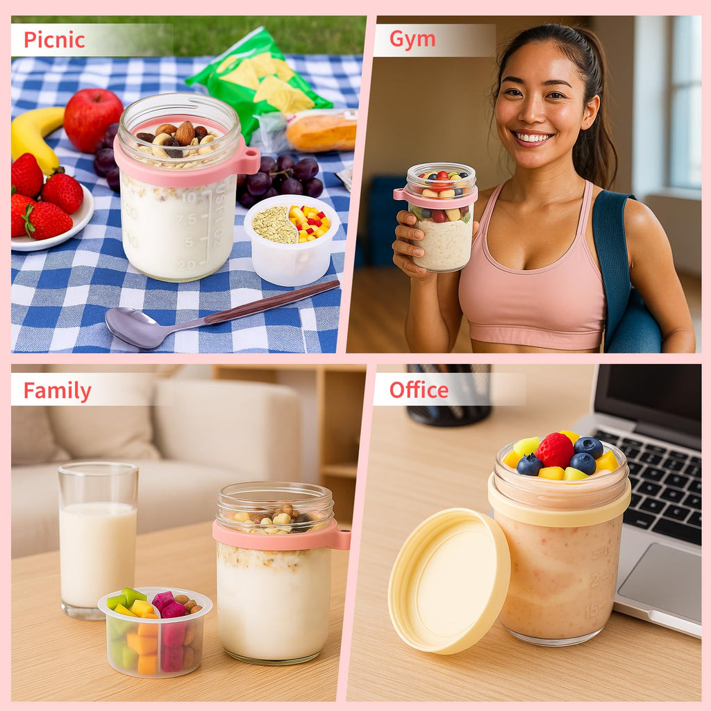 6 Packs Overnight Oats Containers with Lids, 16 Oz Glass Mason Jars with Spoons and Removable Separate Compartments Large Airtight Overnight Oats Jars for Milk Yogurt Fruit