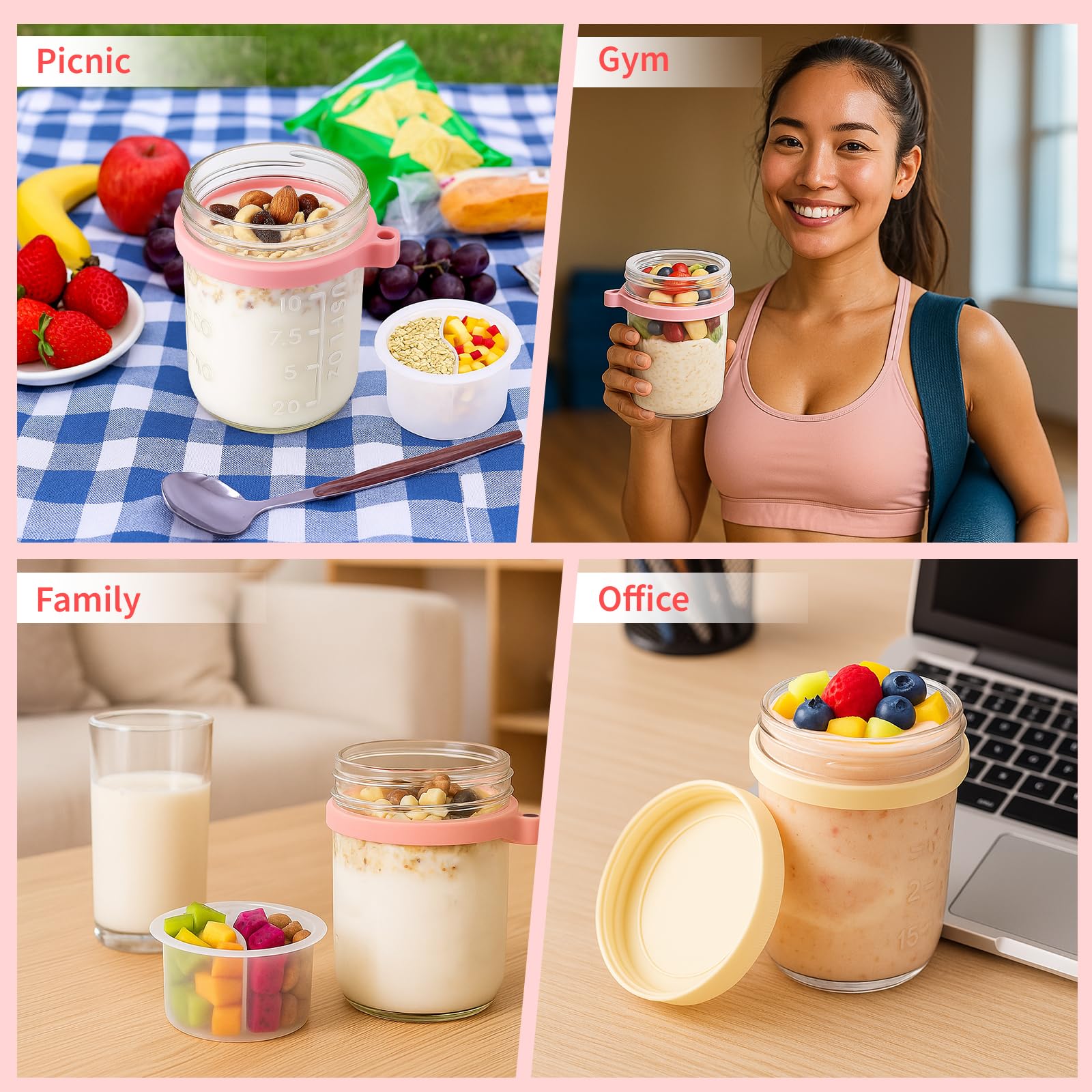 6 Packs Overnight Oats Containers with Lids, 16 Oz Glass Mason Jars with Spoons and Removable Separate Compartments Large Airtight Overnight Oats Jars for Milk Yogurt Fruit