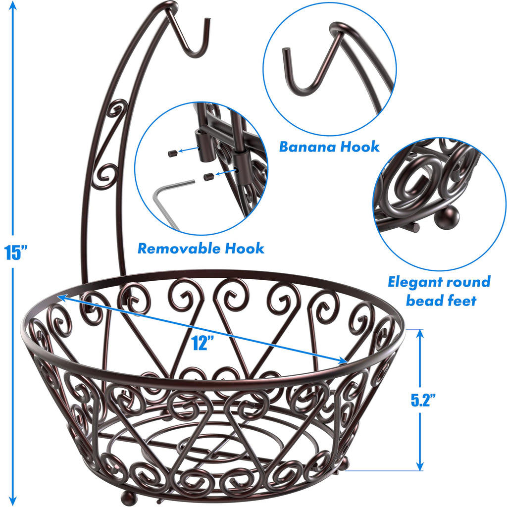 Simple Houseware Fruit Basket Bowl with Banana Tree Hanger - Wire Produce Storage Stand & Organizer for Kitchen Counter, Bronze
