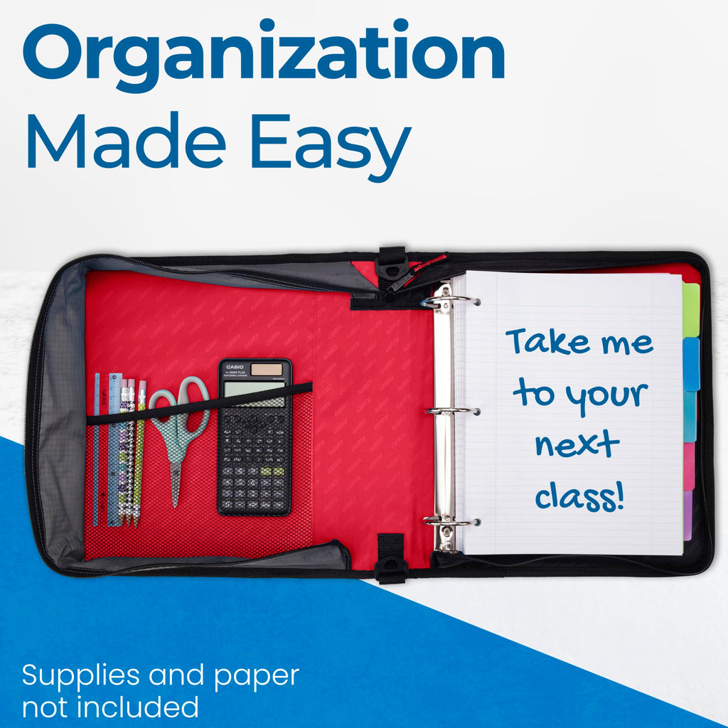 Case-it Classic Zipper Binder | 2-Inch O-Rings, 350 Sheet Capacity, Multiple Storage Pockets & Shoulder Strap | School & Office Organizer | D-251 Fire Engine Red