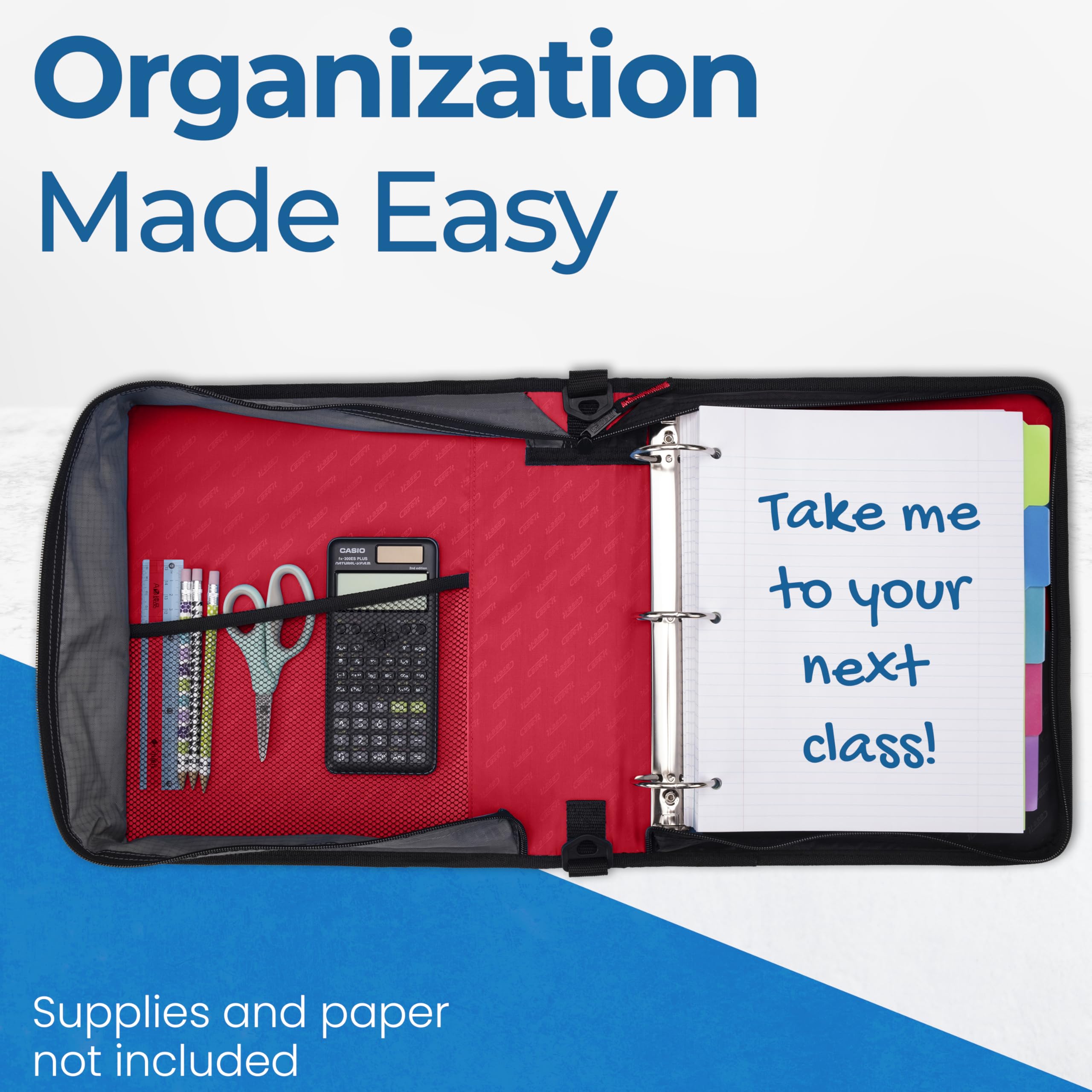 Case-it Classic Zipper Binder | 2-Inch O-Rings, 350 Sheet Capacity, Multiple Storage Pockets & Shoulder Strap | School & Office Organizer | D-251 Fire Engine Red