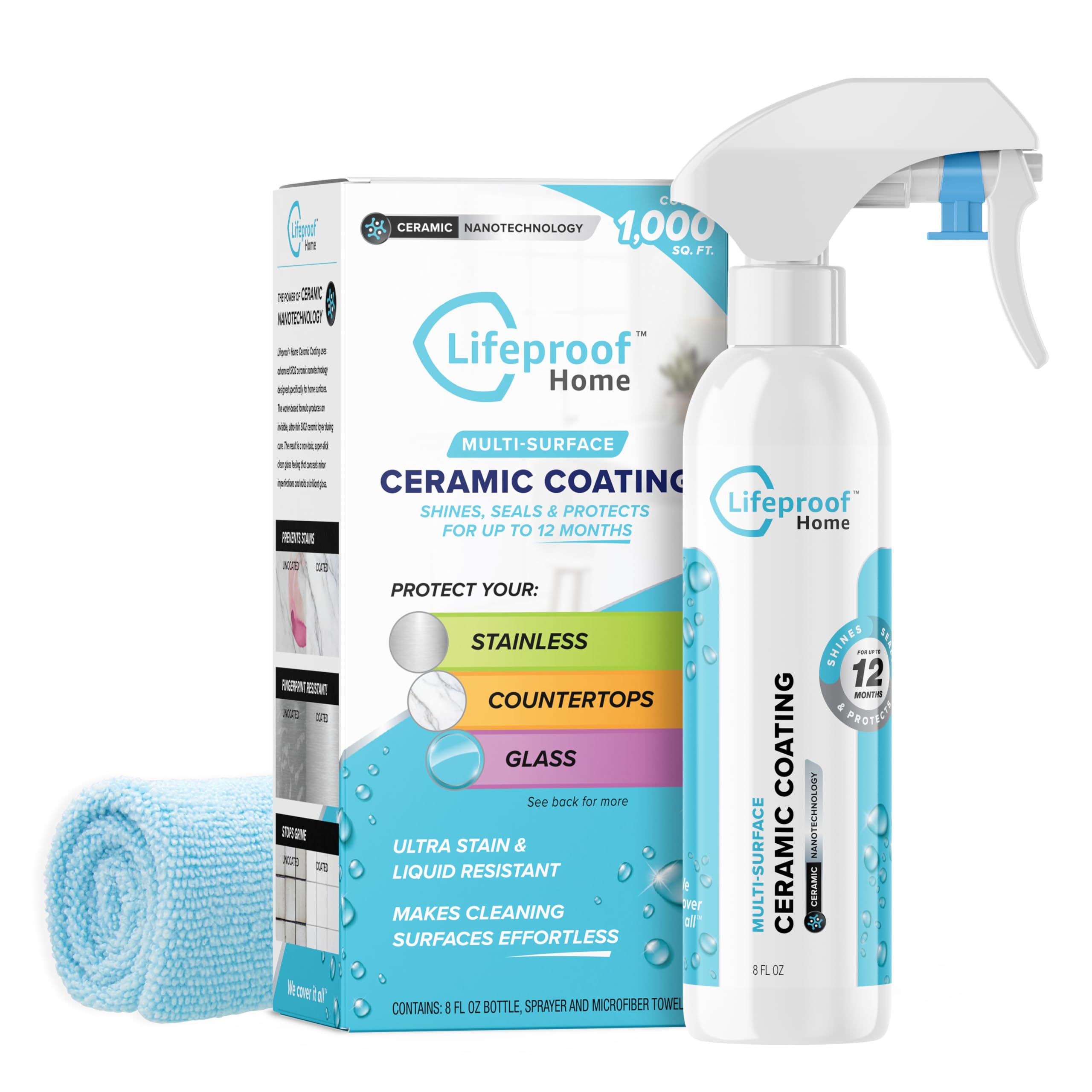Lifeproof Home Ceramic Coating Spray Kit - Shine, Seal, & Protect Stainless Steel, Appliances, Countertops, Glass & More Kitchen + Bath Surfaces - Repels Stains, Grime, Fingerprints, Liquids & More!
