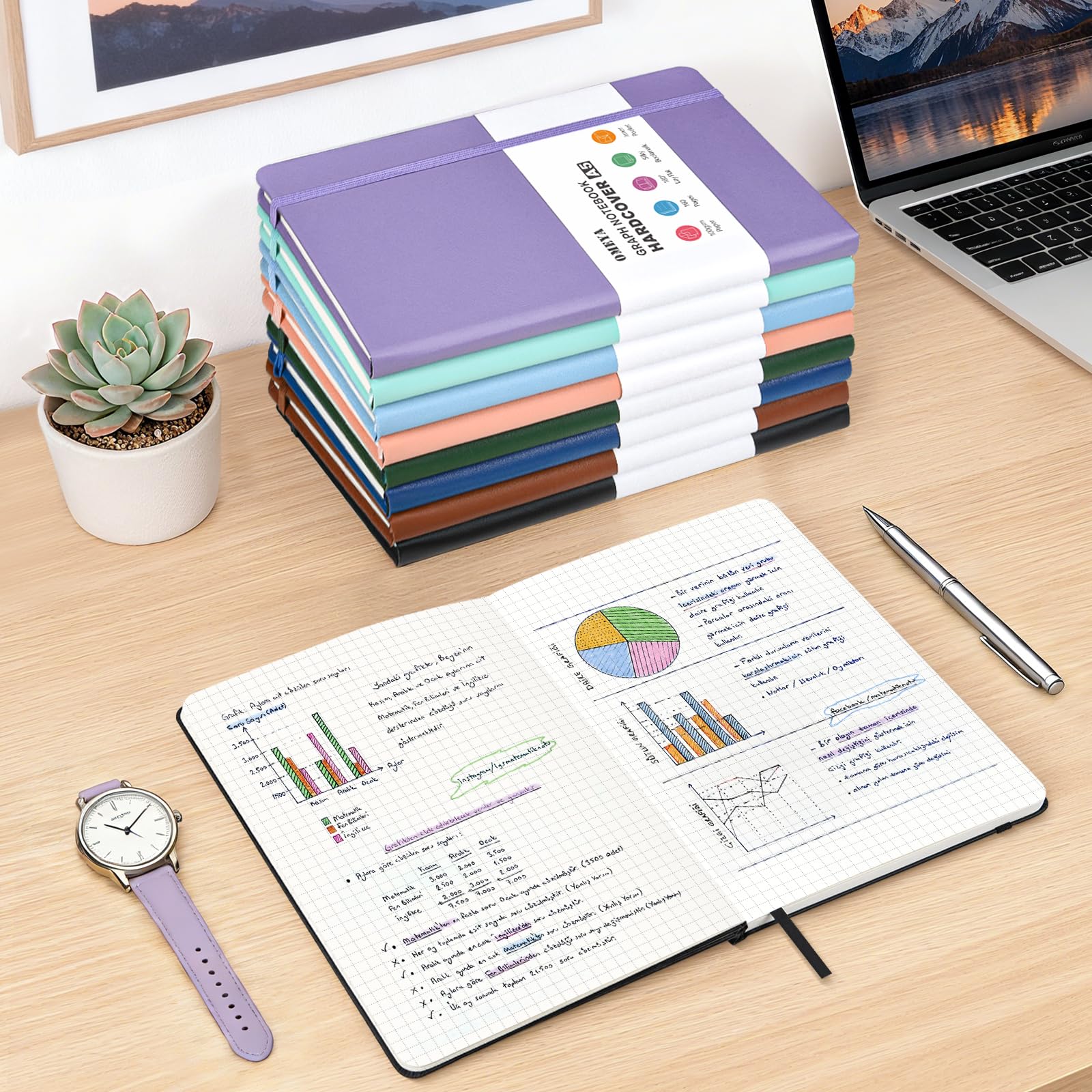 Graph Paper Notebook 4 Pack, 160 Pages, A5 Medium Size (5.7" x 8.3"), 100gsm Thick Grid Paper, Hardcover Leather Grid Notebook Journal for Writing, Graph Notebook for Work, School, Math, Engineering