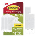 Command Medium and Large Picture Hanging Strips, Damage Free Hanging Picture Hangers, No Tools Wall Hanging Strips for Back to School Dorm Organization, White, 12 Medium Pairs and 16 Large Pairs