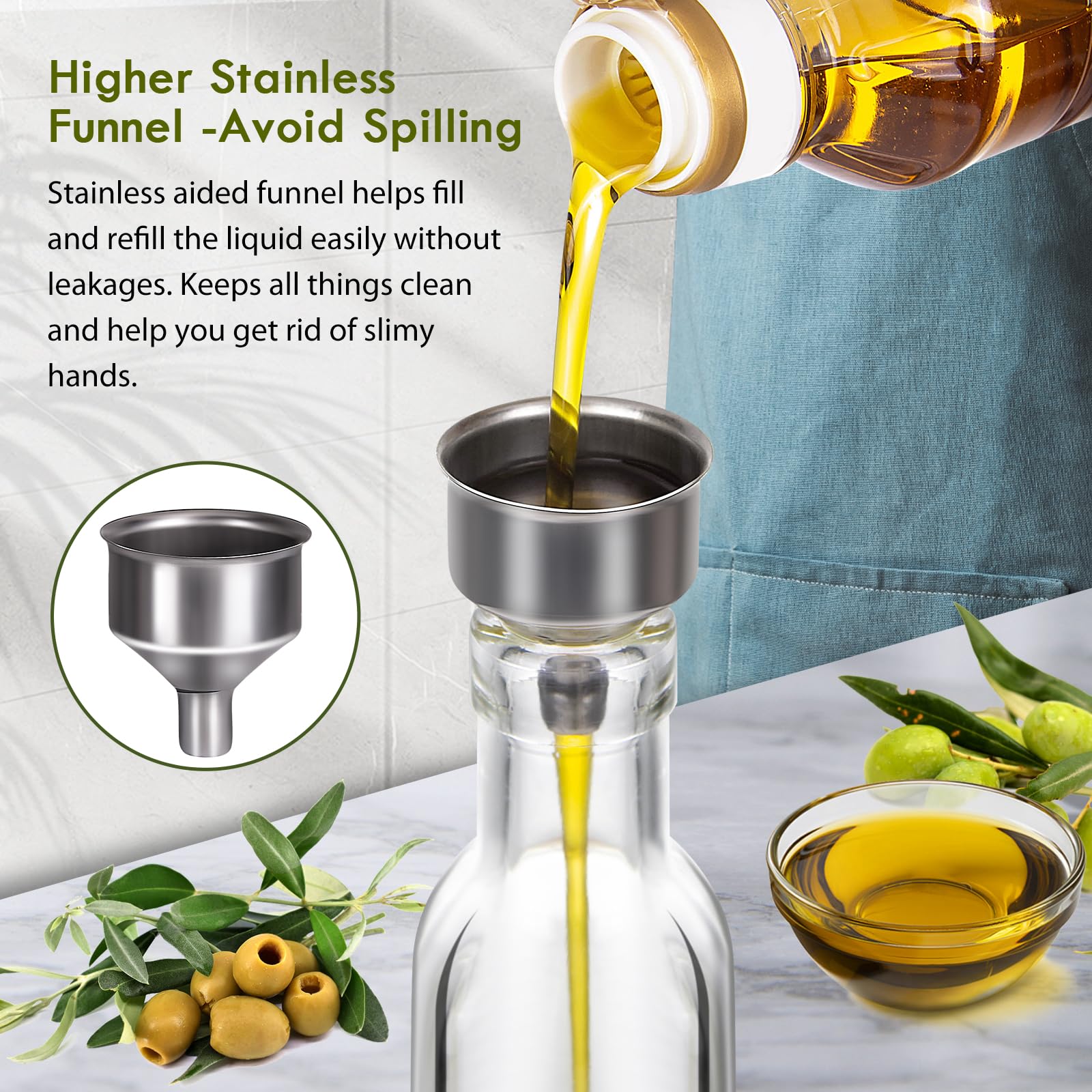 YEBODA 8oz Clear Glass Olive Oil Dispenser Bottles, and Vinegar Cruet Bottle Includes Pourers, Funnel Labels, Cooking Container for Kitchen 6 Pack