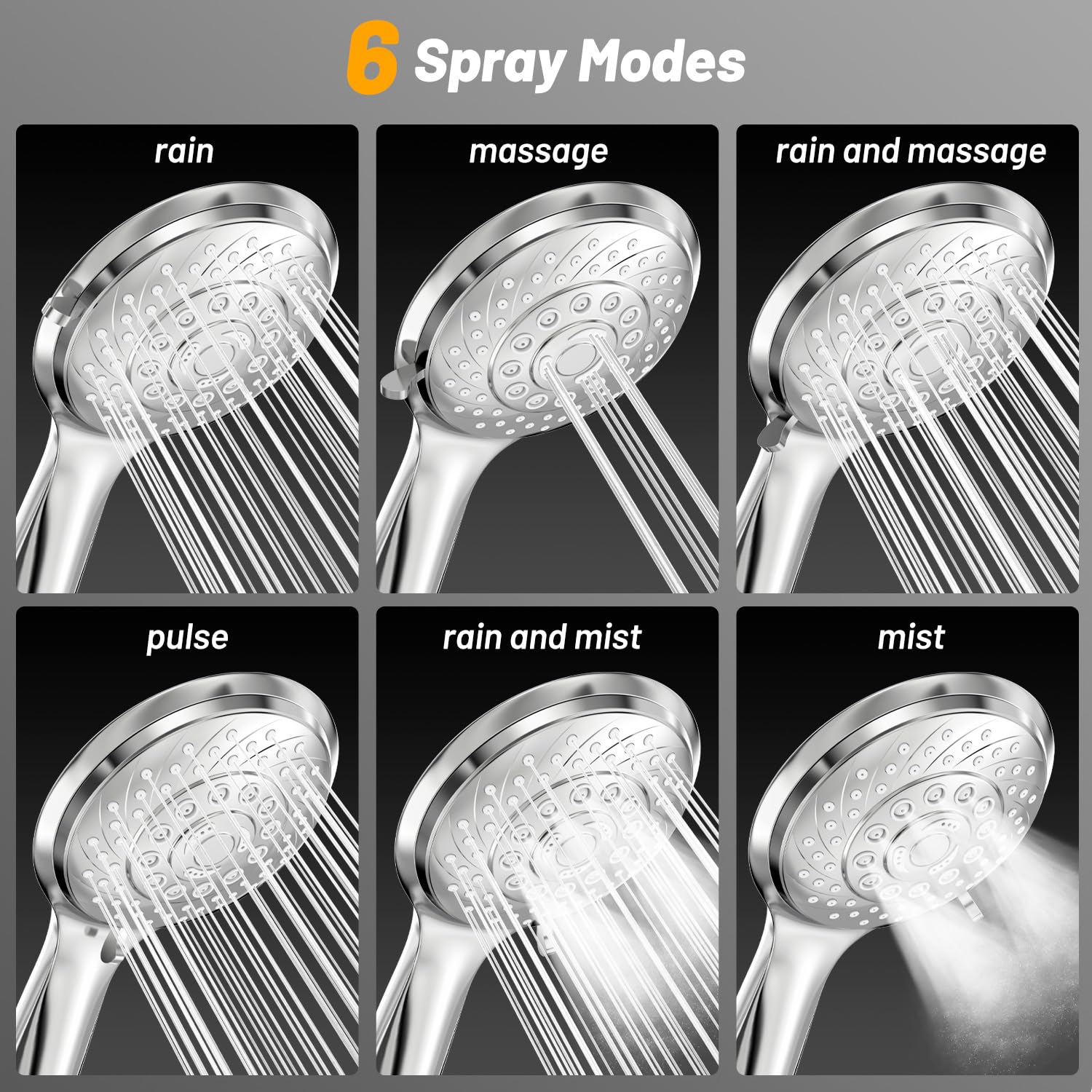 VEHHE 6 Spray Modes Handheld Shower Head Saving Water, Bright Shower Head with Anti-Clog Nozzles and Anti-Leak, Shower Head with Hose 1.5M and Adjustable Universal Bracket∣Silver