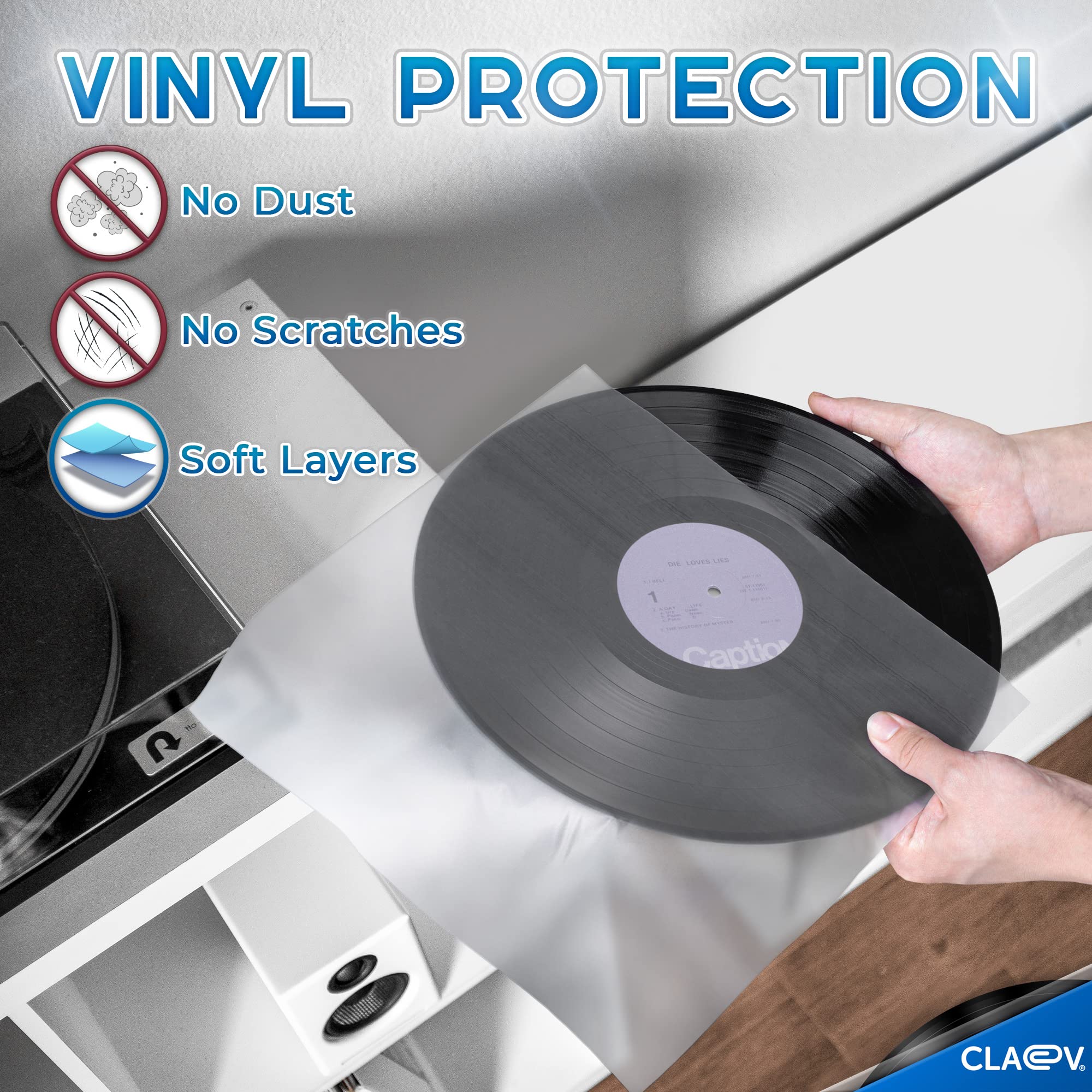 100 Anti Static Inner Record Sleeves for Vinyl LP Records - 12 inch/30 cm, Square, Translucent - Album Record Protective Plastic Covers for Storage - by Claev