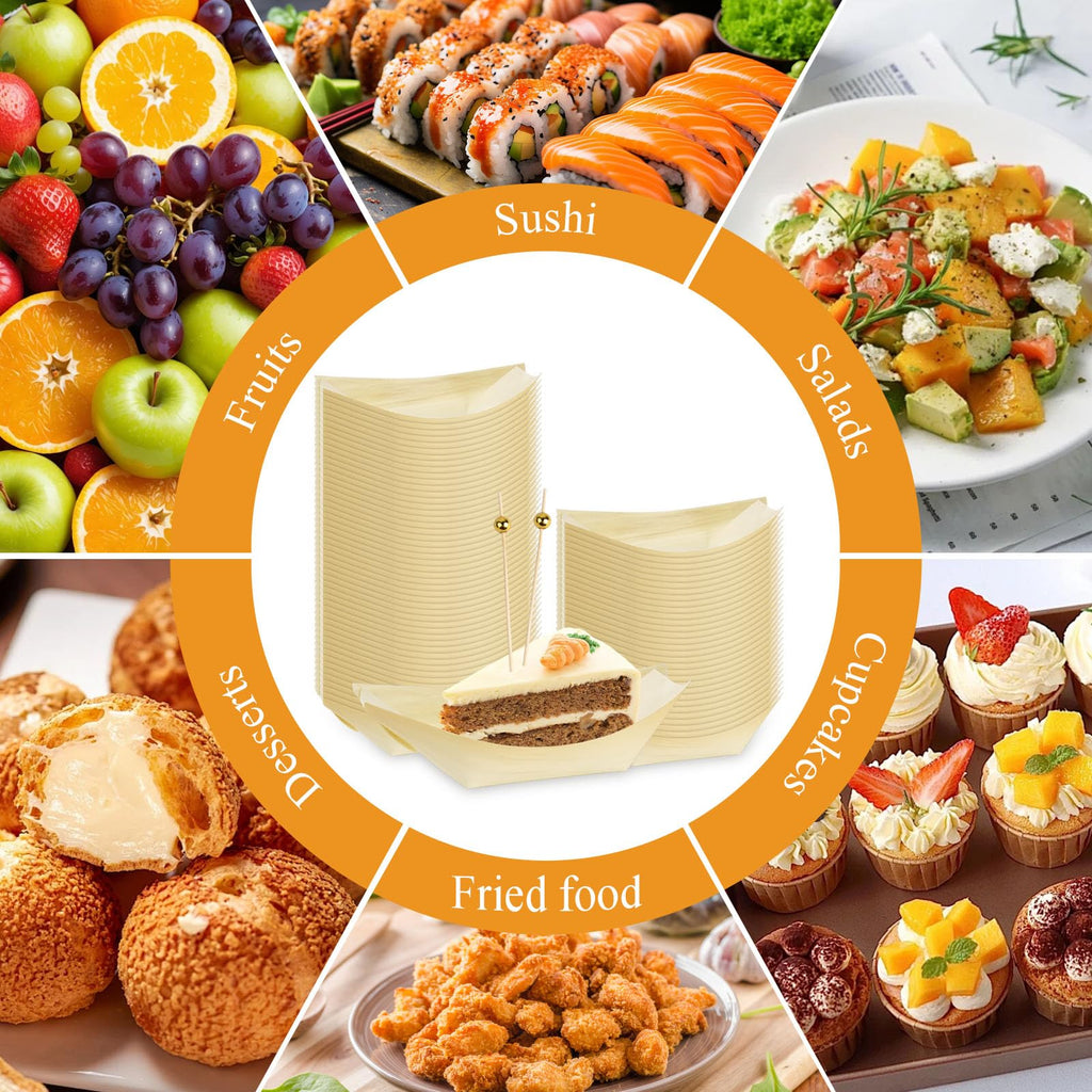 Supkiir 300 Pcs Disposable Wooden Boat Plates with Cocktail Picks, 14 cm Wood Boat Plates for Appetizer, Small Sushi Boat Serving Tray Food Container for Catering, Home and Party