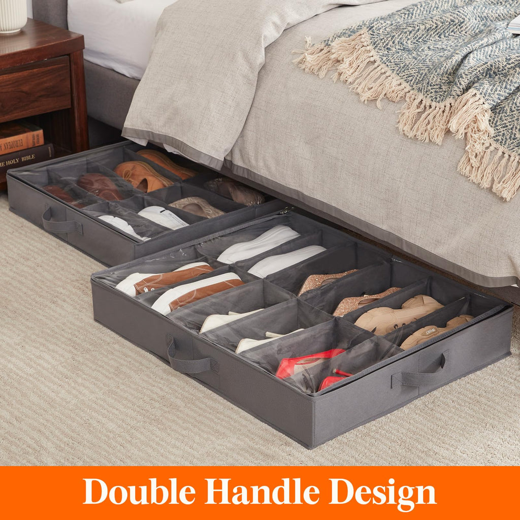Lifewit Under Bed Shoe Storage Organizer for Closet, Underbed Storage Container Box with Clear Cover See Through Window Fabric Storage Bins with 2 Handles Total Fits 24 Pairs of Shoes, 2 Pack, Grey