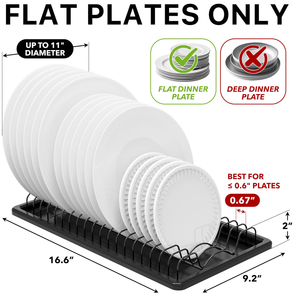 Simple Houseware Stainless Steel Plate Drying Rack with Drainboard, Dish Organizer for Kitchen Cabinet or Countertop Storage, Black