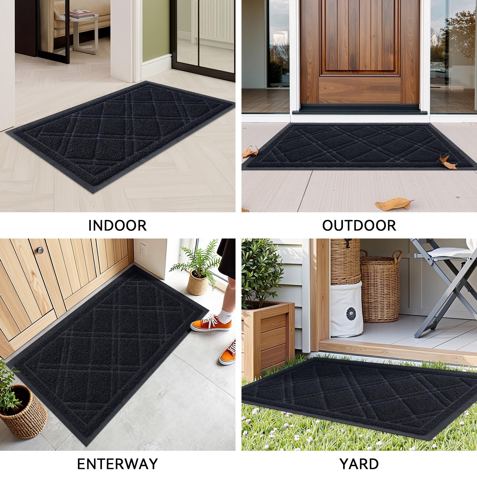 Front Door Mat Outdoor Mat for Entrance, Non-Slip Low Profile Doormat, Durable Dirt Trapper Welcome Mat Shoe Mat for Outdoor, Indoor, Front Back Doors, Entrance, 17"x30", Black