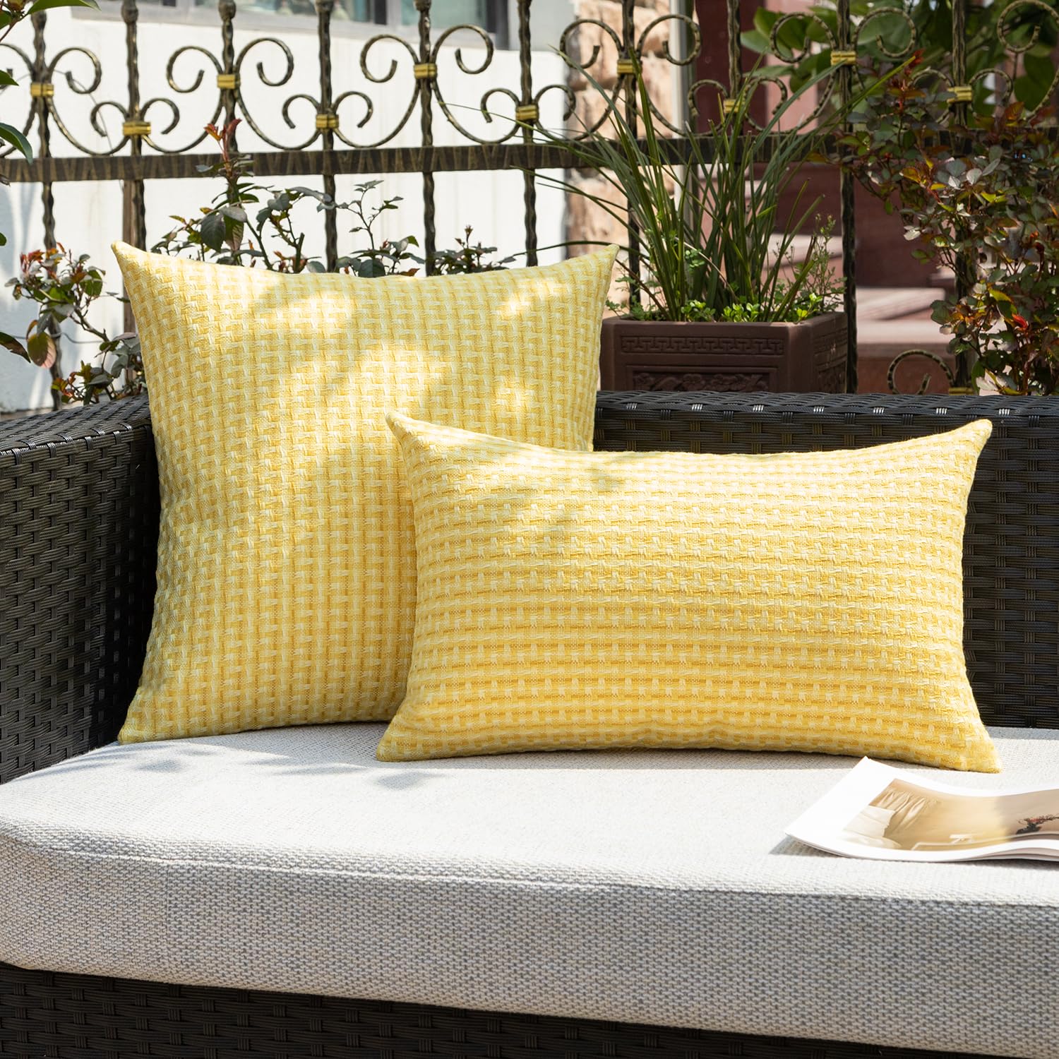 Kevin Textile Outdoor Waterproof Throw Pillow Covers Pack of 2 Weaving Texture Water Resistant Outside Decorative Cushion Covers for Garden Patio Tent Balcony Bench Couch Sofa 16x16 Inch, Yellow