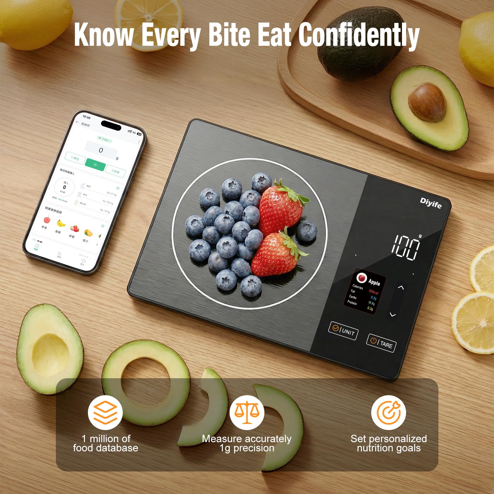 Smart Food Scale with Nutritional Calculator, [TFT Colorful Display] 5kg Nutrition Scale with App, 25 Nutrients Tracking, Calorie, Macro, Keto, Weight Loss, Tare, 5 Units for Meal Prep & Baking