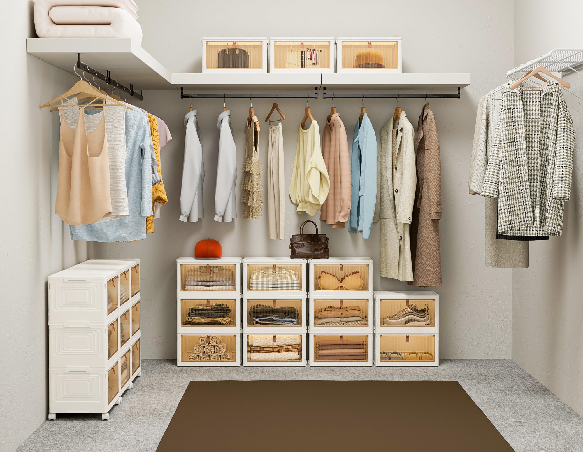 HOMIDEC Closet Organizers, 3 Tiers with a Top Lid, Wardrobe Closet with Wheels, Closet Organizers and Storage for Clothes, Stackable Closet Storage Bins, for Living Room, Bedroom, White 22L*3 Pack