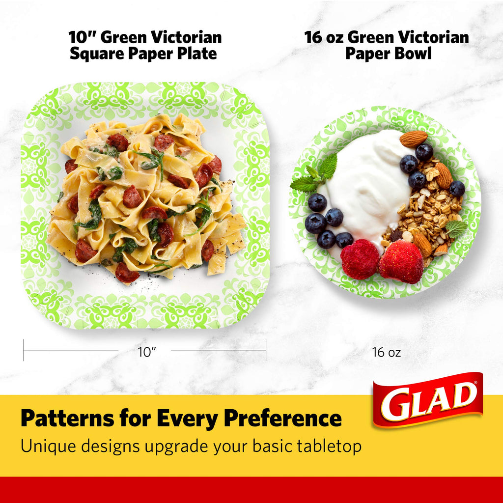 Glad Square Disposable Paper Plates for All Occasions | New & Improved Quality | Soak Proof, Cut Proof, Microwaveable Heavy Duty Disposable Plates | 10" Diameter, 50 Count Bulk Paper Plates