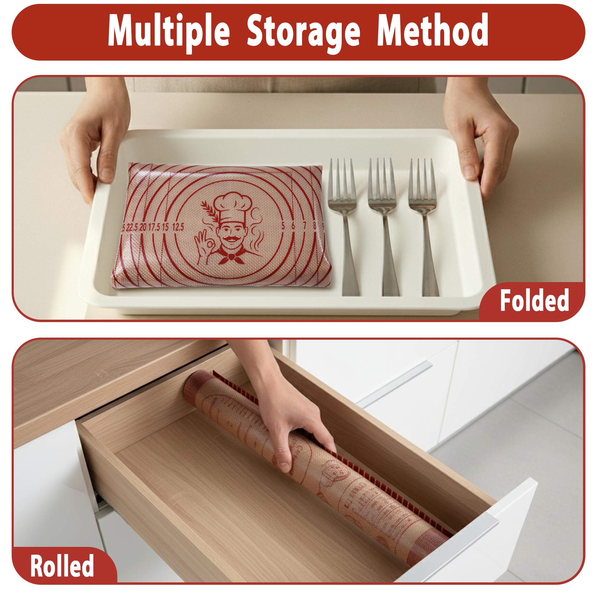 Silicone Baking Pastry Dough Mat - Non Slip Rolling Mat with Measurement Guides, Thick Reusable Kneading Board for Bread, Pizza, Cookies, Fondant, Nonstick Baking Sheet for Kitchen Counter, 20x28inch