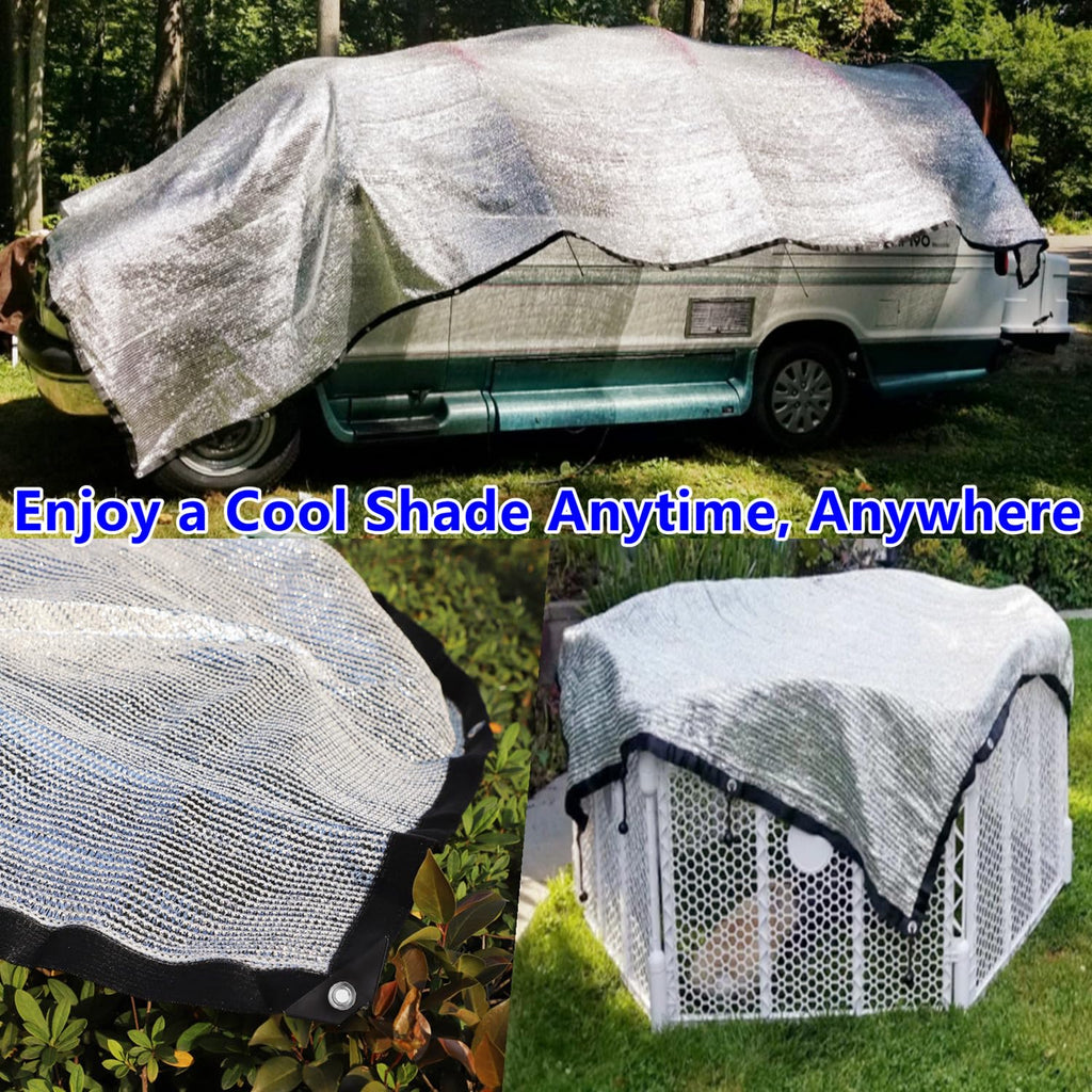 70% Aluminum Shade Cloth 6.5 FT x 10 FT, Durable Mesh Silver Tarps with Grommets and Ball Bungee,Reflective Sun Shade Net Cover for Pet Shade, Car Cover, Patio Garden, Pergola, Plants Growing, Pools