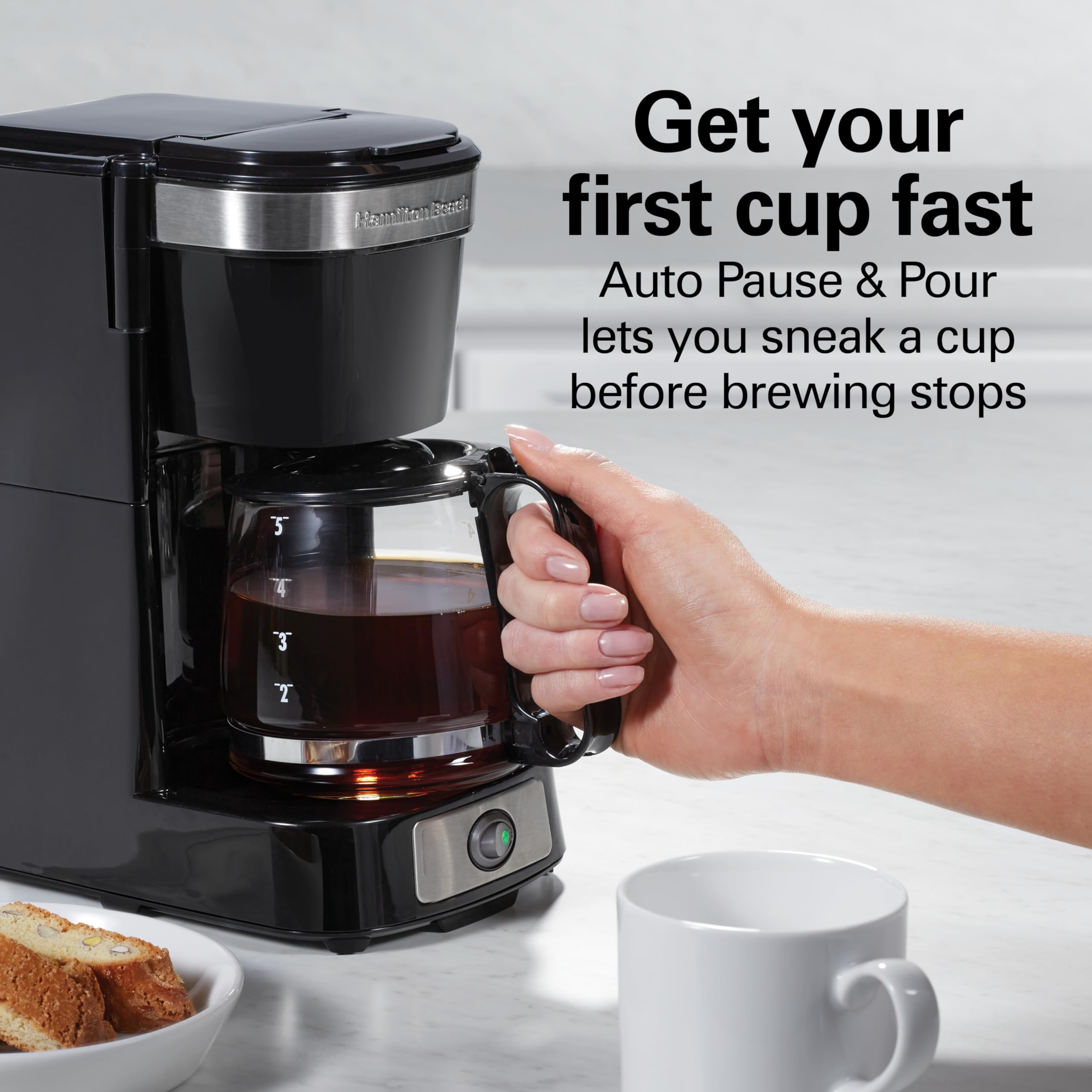 Hamilton Beach FrontFill Mini Brew 5 Cup Coffee Maker, Compact Drip Coffee Maker with Glass Carafe, Auto Pause & Pour, Illuminated On/Off Switch, Black (46112)