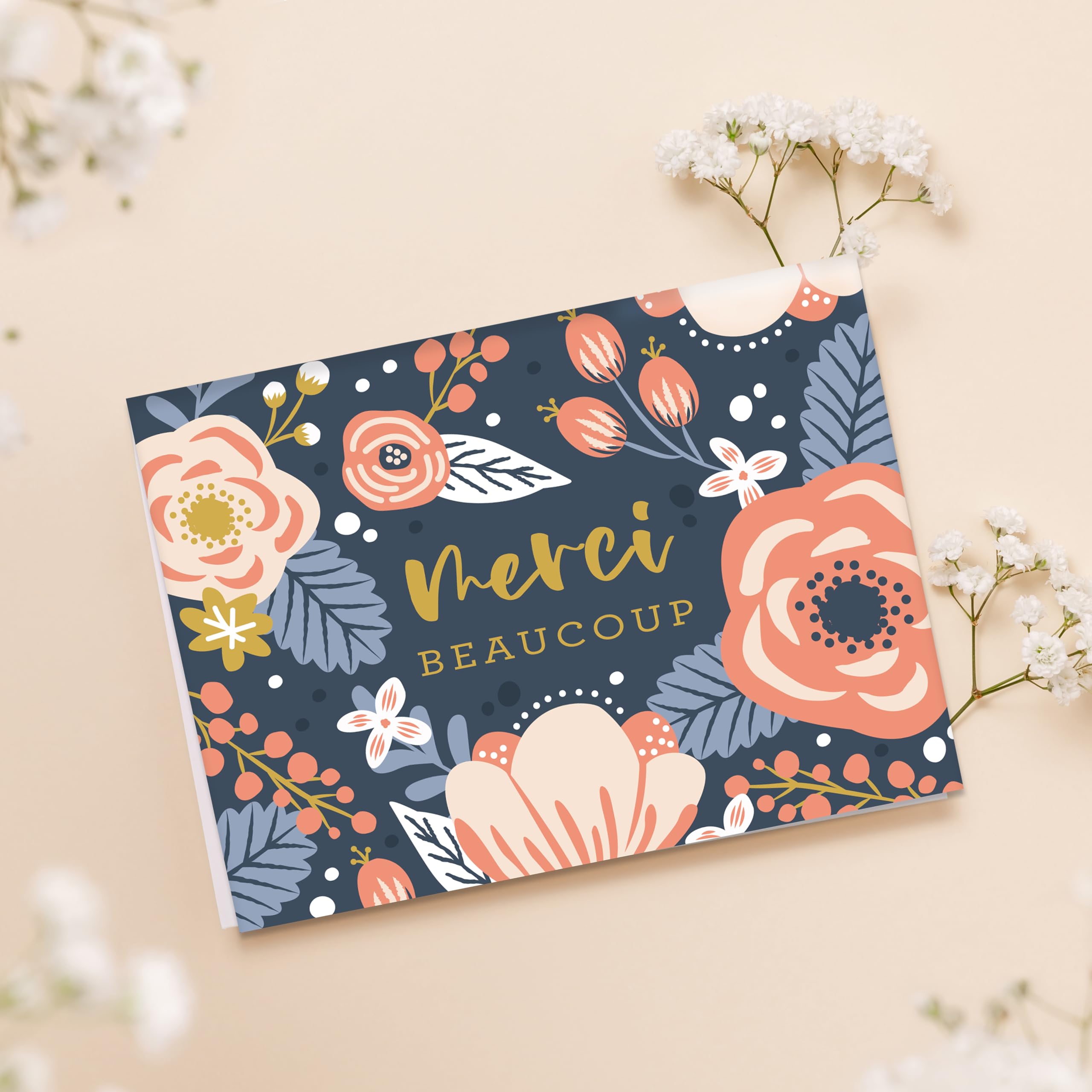 Floral Thank You Card Assortment / 24 Folded Merci Greeting Cards With White Envelopes / 4 5/8" x 6 1/4" French Canadian Notecards / 4 Unique Designs/Made In Canada