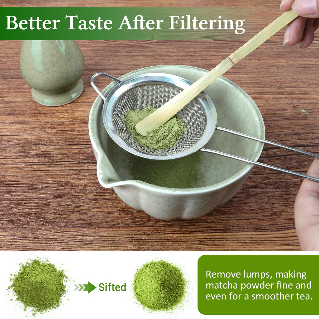 Matcha Whisk Set, 5 Pieces with Bamboo Matcha Whisk, Ceramic Chasen Holder, Powder Starter Sifter, Bamboo Scoop, Spoon, Matcha Tea Making Tools for Starter Matcha Lovers