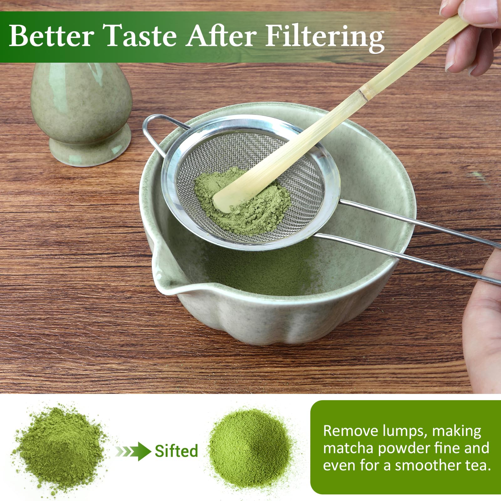 Matcha Whisk Set, 5 Pieces with Bamboo Matcha Whisk, Ceramic Chasen Holder, Powder Starter Sifter, Bamboo Scoop, Spoon, Matcha Tea Making Tools for Starter Matcha Lovers