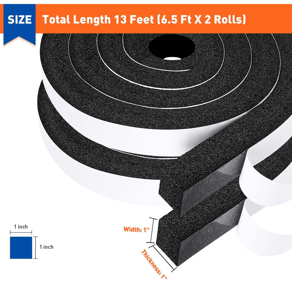 MAGZO Foam Tape Weatherstrip, 1 Inch Wide X 1 Inch Thick Window Air Conditioner Sealer Weather Stripping with High Resilience Soundproofing Total 13 Feet (6.5ft x 2 Rolls)