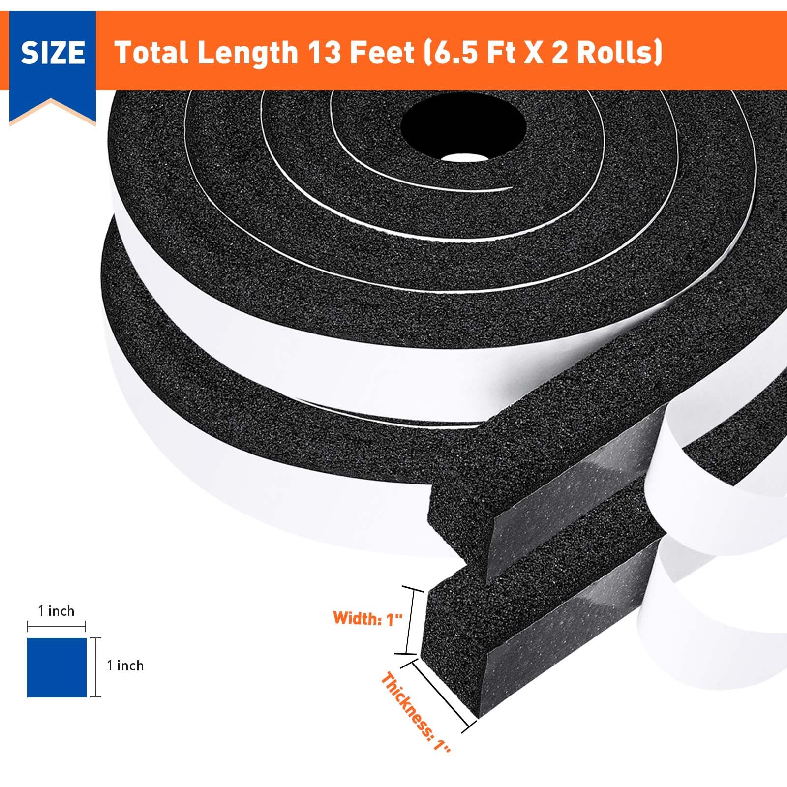 MAGZO Foam Tape Weatherstrip, 1 Inch Wide X 1 Inch Thick Window Air Conditioner Sealer Weather Stripping with High Resilience Soundproofing Total 13 Feet (6.5ft x 2 Rolls)