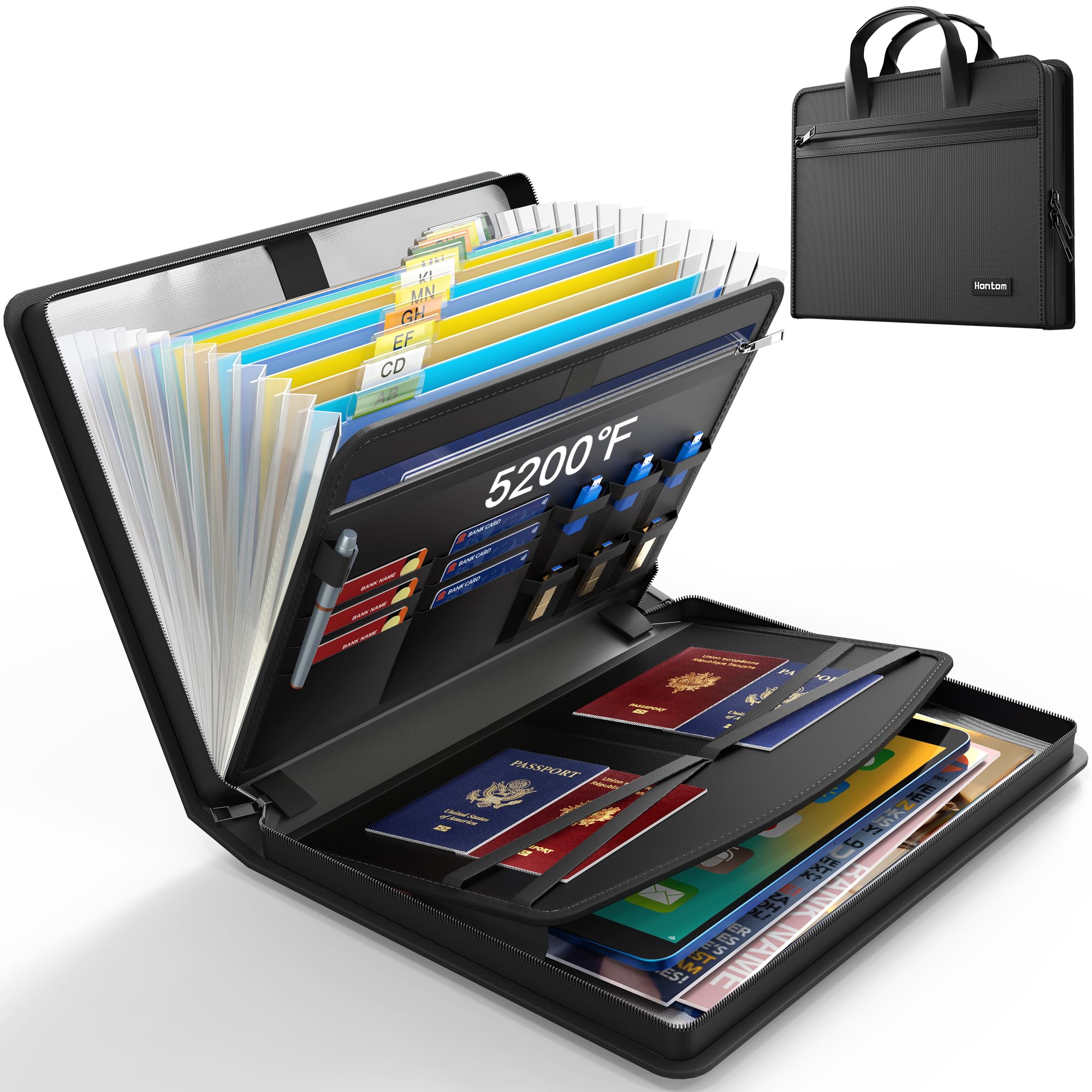 Hontom Accordion File Organizer,5200℉ Fireproof Document Organizer with 13 Pockets,Portable Travel Home Safe Storage File Folder Binder with Zipper for Letter Important Document,Paper,Receipt - Black