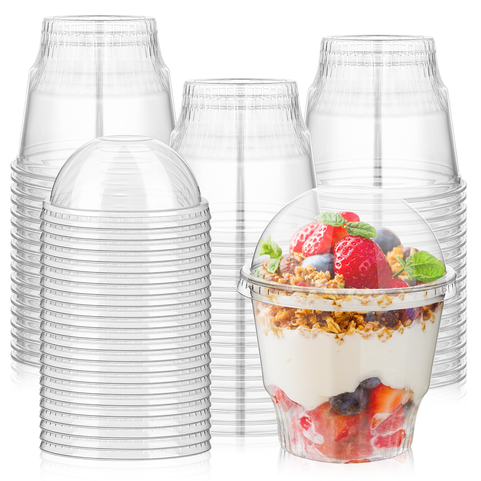 100 Pcs 12 oz Clear Plastic Dessert Cups with Dome Lids No Hole, Disposable Plastic Yogurt Parfait Cup, Crystal PET Fruits Cups with Lid for Pudding Ice Cream Snack Jello Party Birthday Wedding