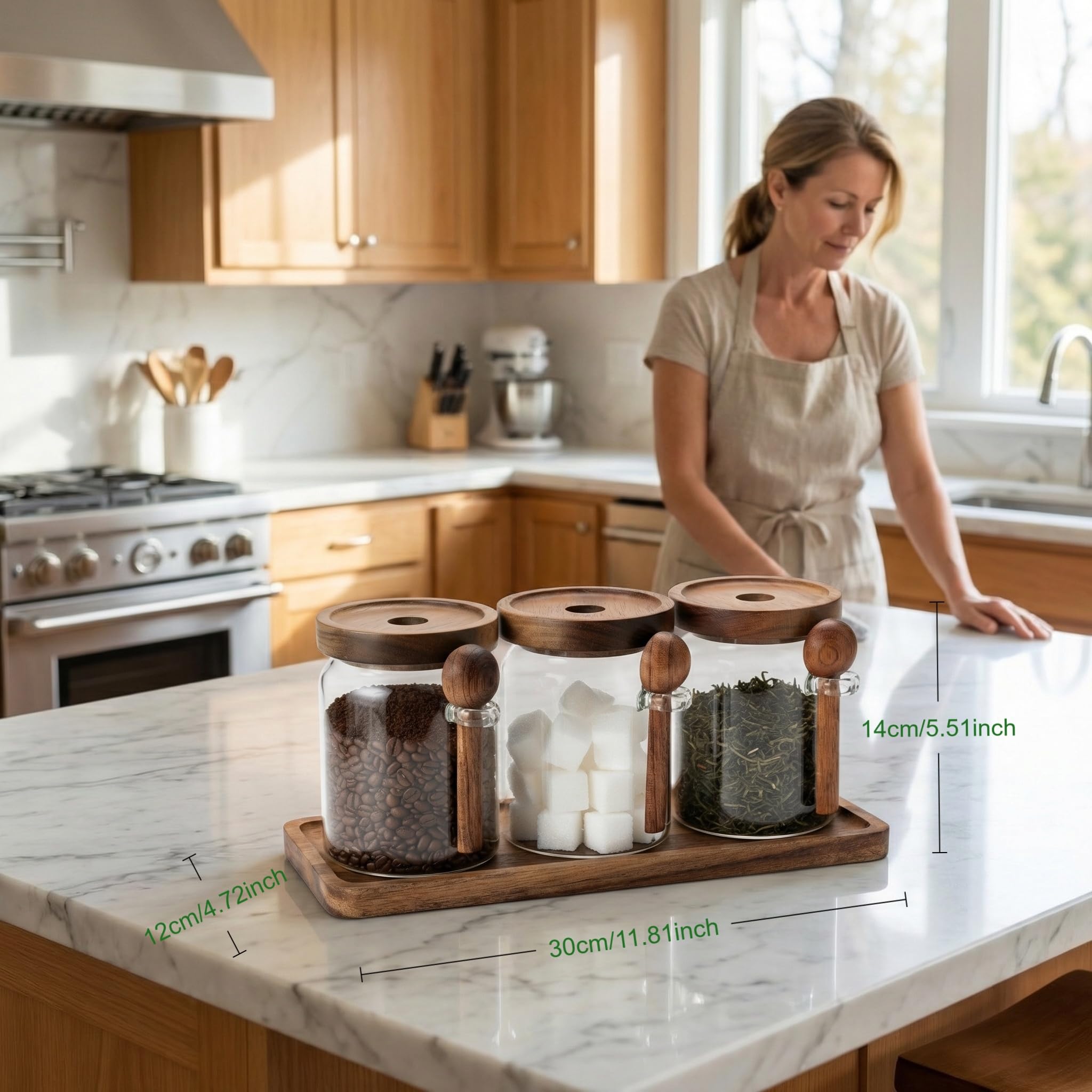 Glass Tea Coffee Sugar Canisters Set, 21oz/600ml Airtight Glass Storage Jars with Lids, Scoops, Labels & Tray, Kitchen Countertop Storage Containers
