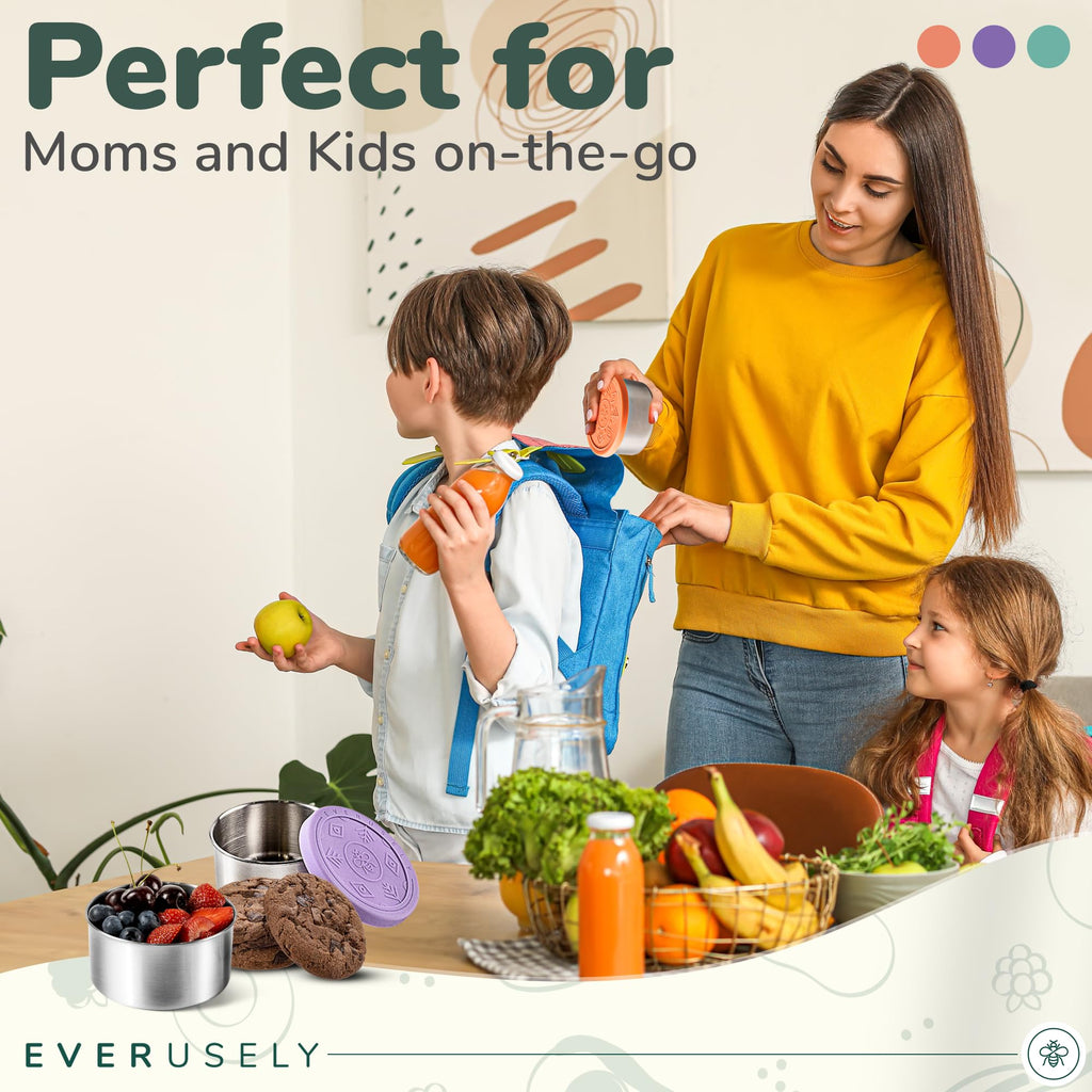 Everusely - Stainless Steel Food Containers - 3 Pack, Bright - Lunch Box - Snack Containers for Office, Home Food Storage - Leakproof w/Silicone Lids - Dishwasher & Freezer Safe
