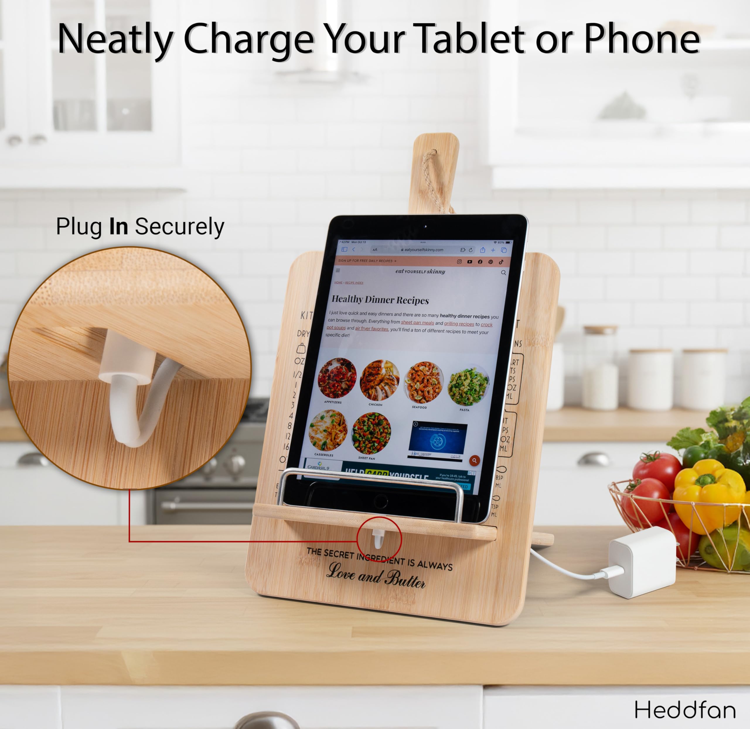 Adjustable Cookbook Stand with Conversion Chart & Built in Blackboard – Bamboo Recipe Book Holder for Kitchen Counter, Great for All Books, Phones, Tablets, & iPads