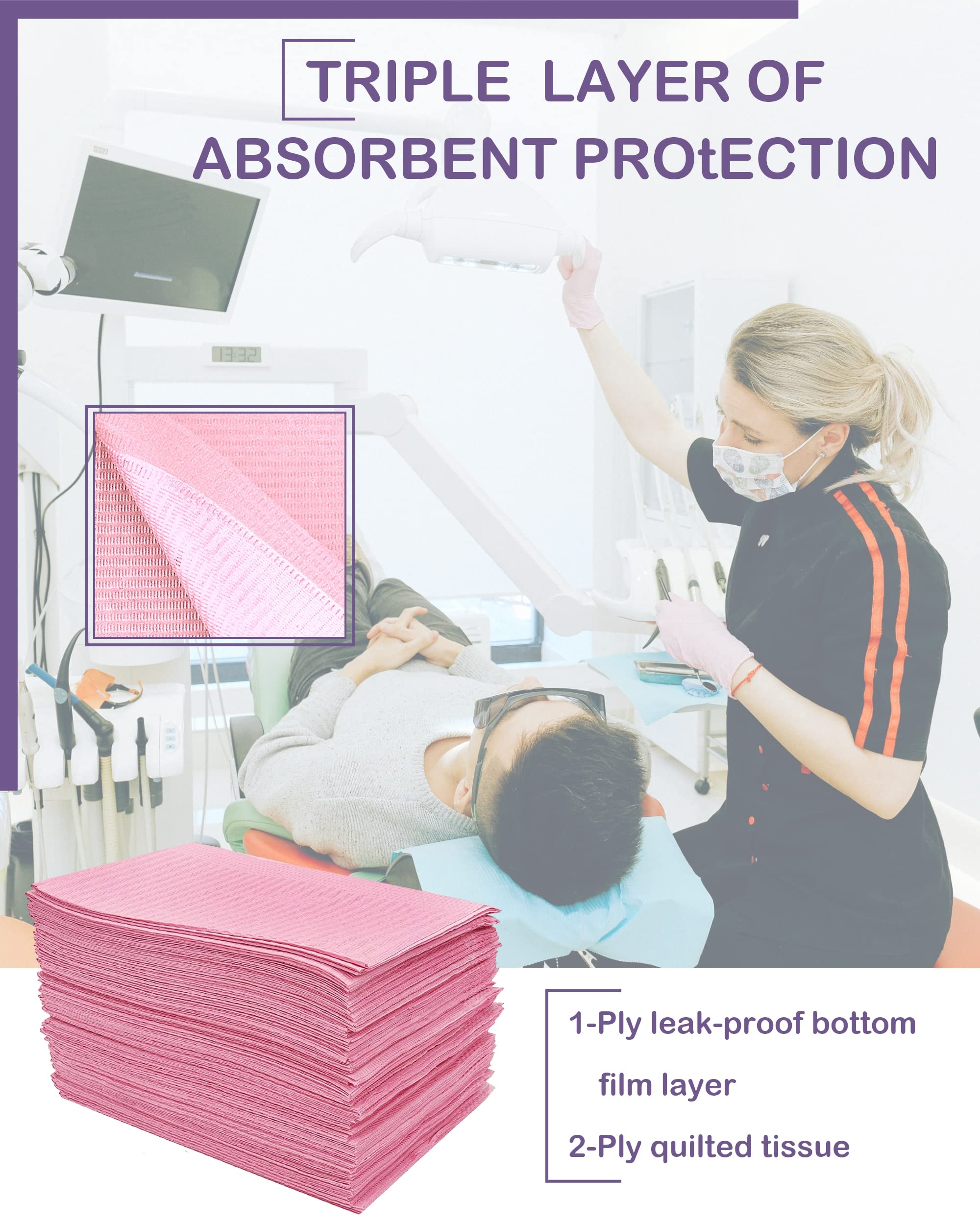 Blazco Pink Dental Bibs 125 Sheets, Disposable Dental Bibs 3 Ply Waterproof Dentist Bib for Adults & Children, Large Bulk Wipes 13'' x 18'' - Best for Medical, Tattoo, Piercing & Personal Use