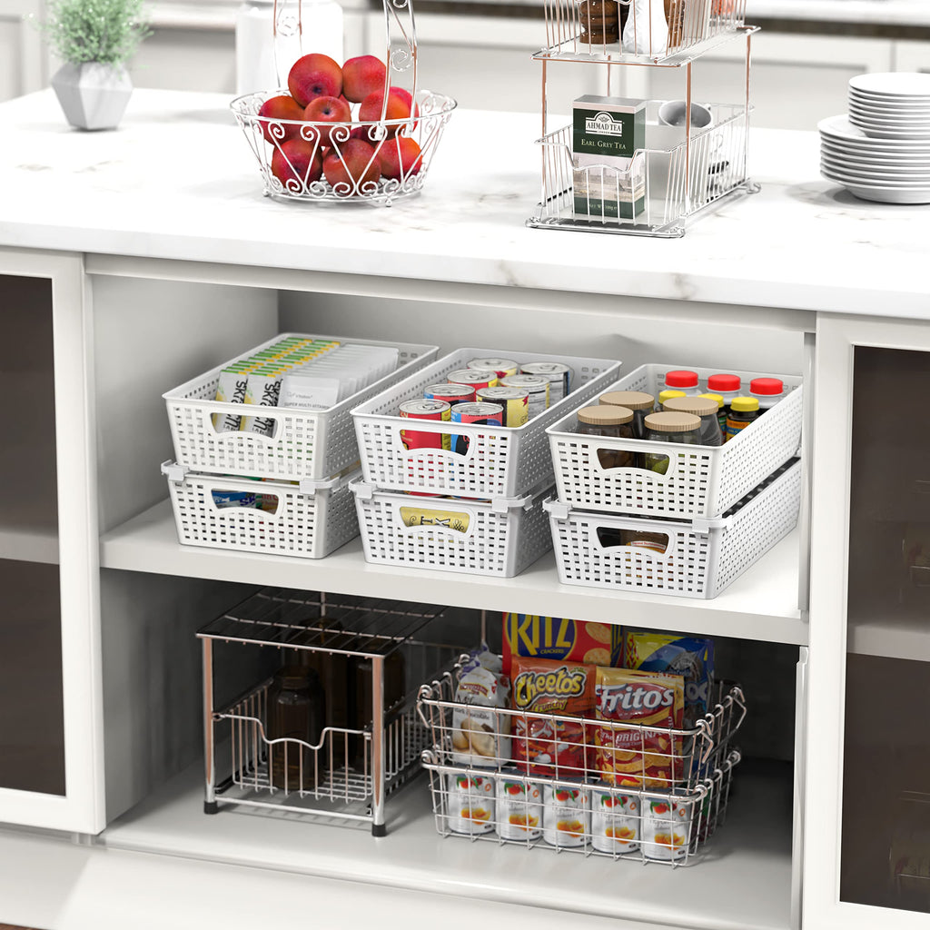Simple Houseware Stackable Plastic Woven Basket Storage and Pantry Organizer Bin, 6 Pack, White