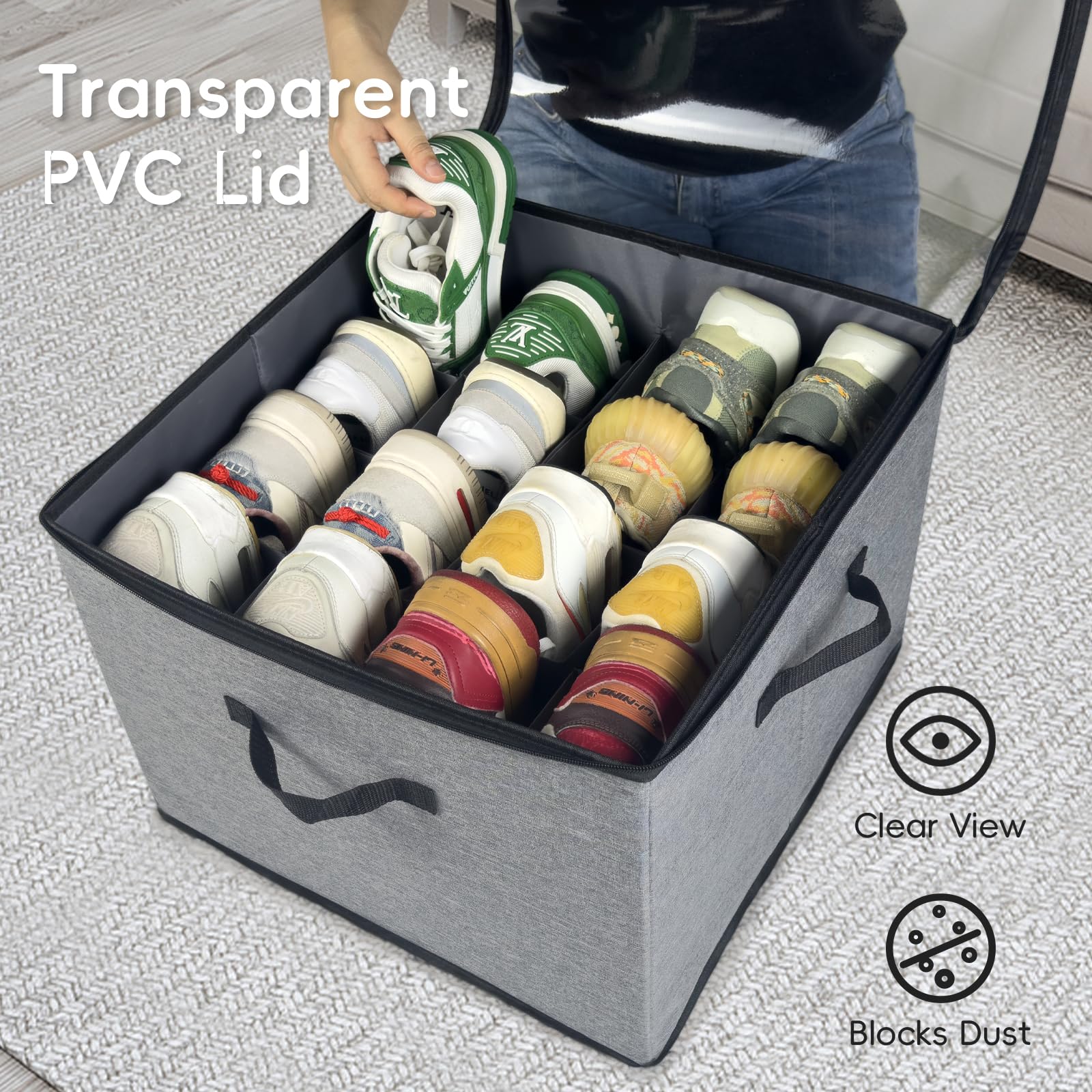 Vexalora Shoe Organizer for Closet, 2 Pack Shoe Storage Bins with Clear Cover, Adjustable Dividers Fits 16-32 Pairs Shoe Boxes, Organizador de Zapatos, Grey