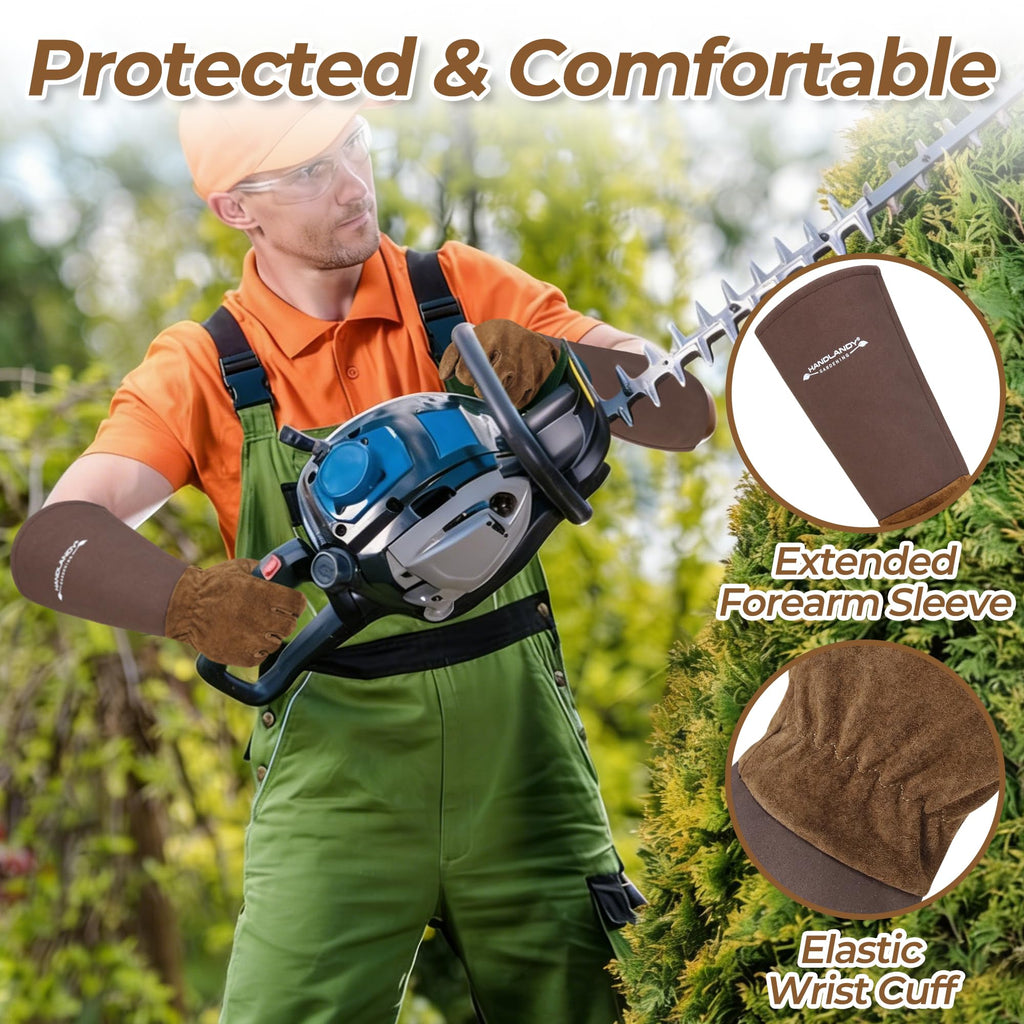 HLDD HANDLANDY Long Gardening Gloves for Women Men - Leather Rose Pruning Gloves Thorn Proof - Breathable Working Glove for Planting, Weeding, Yard Work