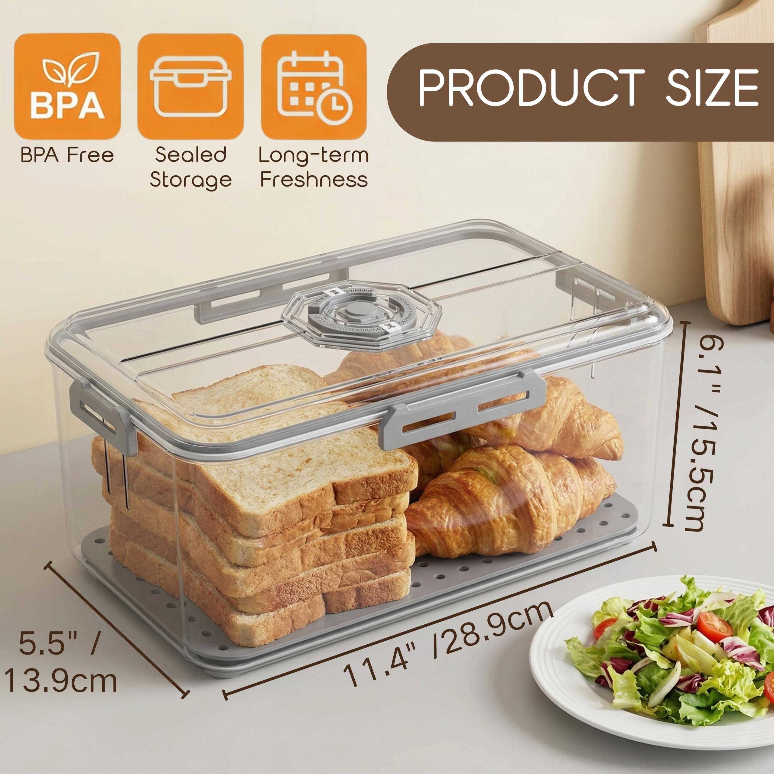 ZEAYEA Bread Box for Kitchen Countertop, Airtight Bread Storage Container, Time Recording Plastic Bread Keeper for Bread Bagel Loaf, Fresh Container for Vegetable Fruit Fridge Organizer