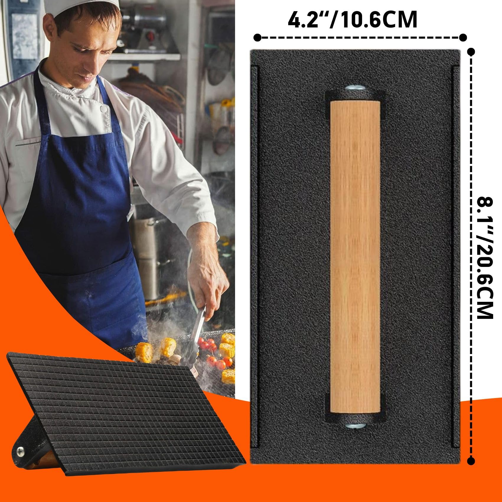 onlyfire Cast Iron Meat Press Grill Press with Wooden Handle, Great for Squeezing Fat from Meats, Flattening Bacon, Paninis, and Burgers