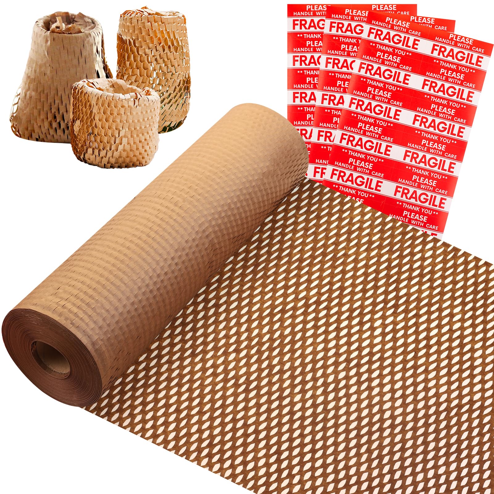 Honeycomb Packing Paper, 15"x230' Recyclable Moving Supplies Bubble Packing Wrap Alternative for Moving Shipping Packaging, Protective Cushioning Wrap Roll with 36 Fragile Sticker Labels