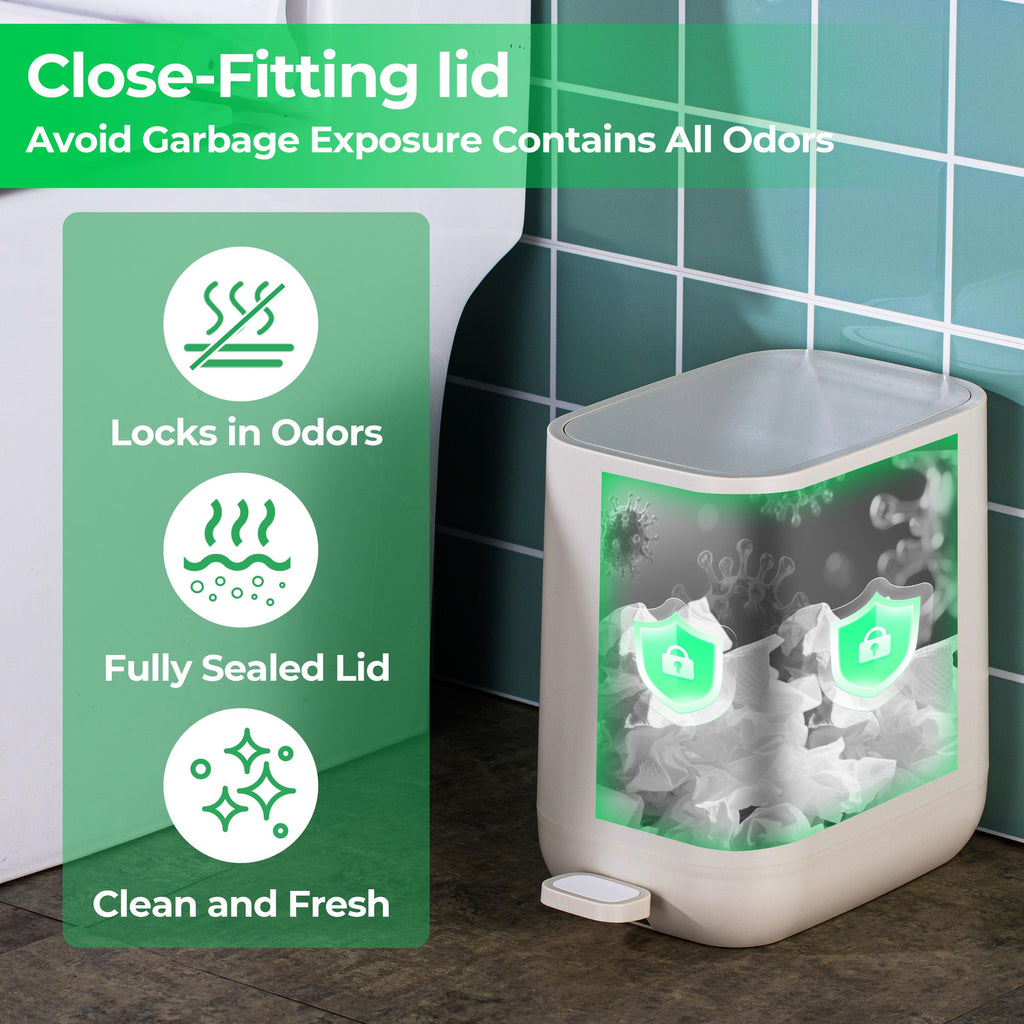 Veinvify 1.85 Gallons 7 Liters Slim Small Kitchen Trash Can with Lid Soft Close Dust Bin Step Pedal Garbage Waste Home Bathroom Office ABS Smooth Washable Poubelle Salle de Bain Beige