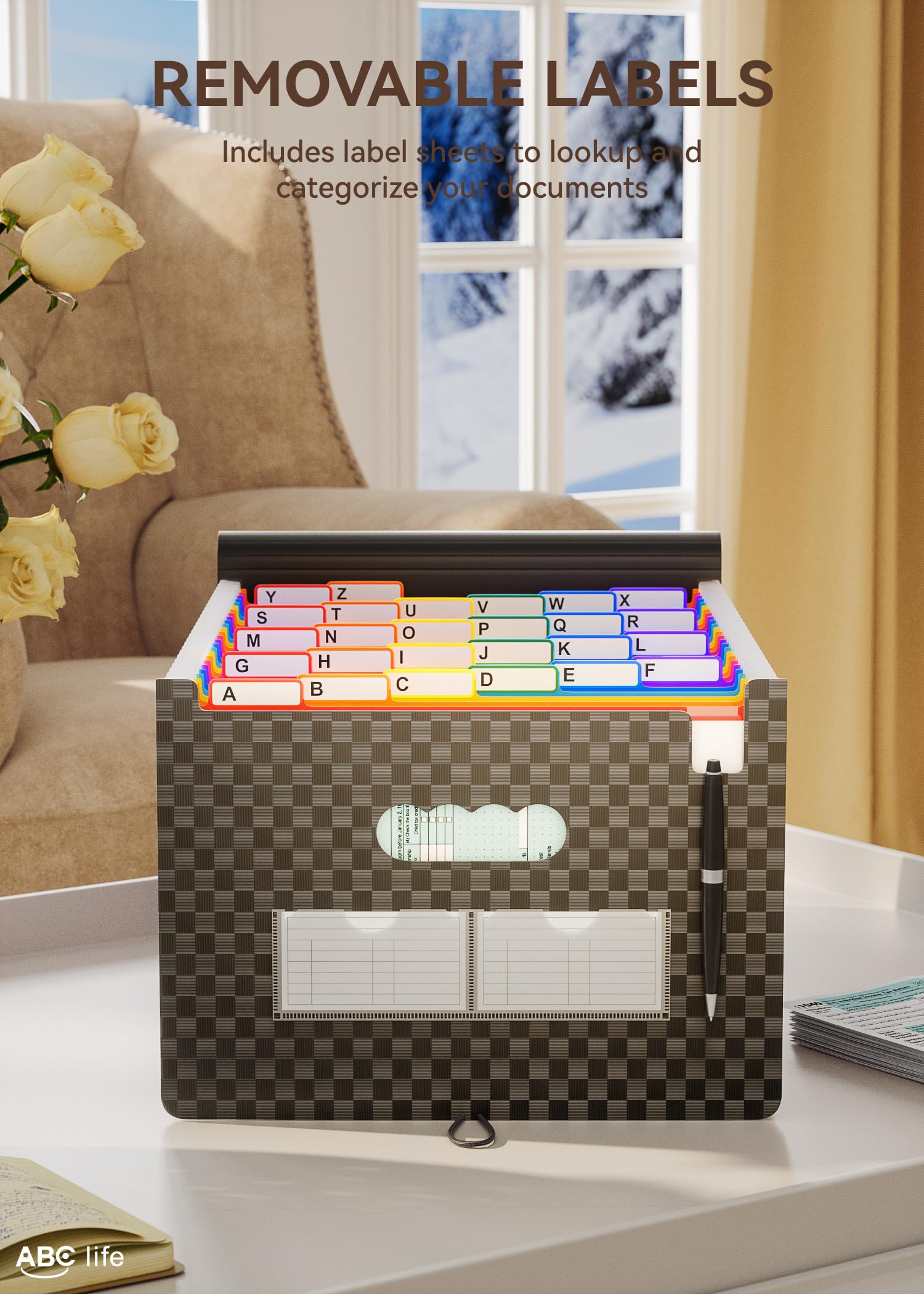 ABC life Accordian File Organizer 26 Pockets,Expanding File Folder with Upgrad Grid Pattern,Portable A4 Letter Size Filling Box, Expandable Accordion Folder,Plastic Paper Document Receipt Organizer