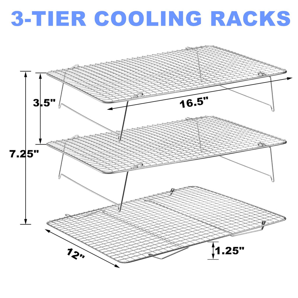 Tebery 304 Grade Stainless Steel Baking Rack 3-Tier Stackable Cooling Rack Set for Baking Cooking Grilling - 16.5" x 12"