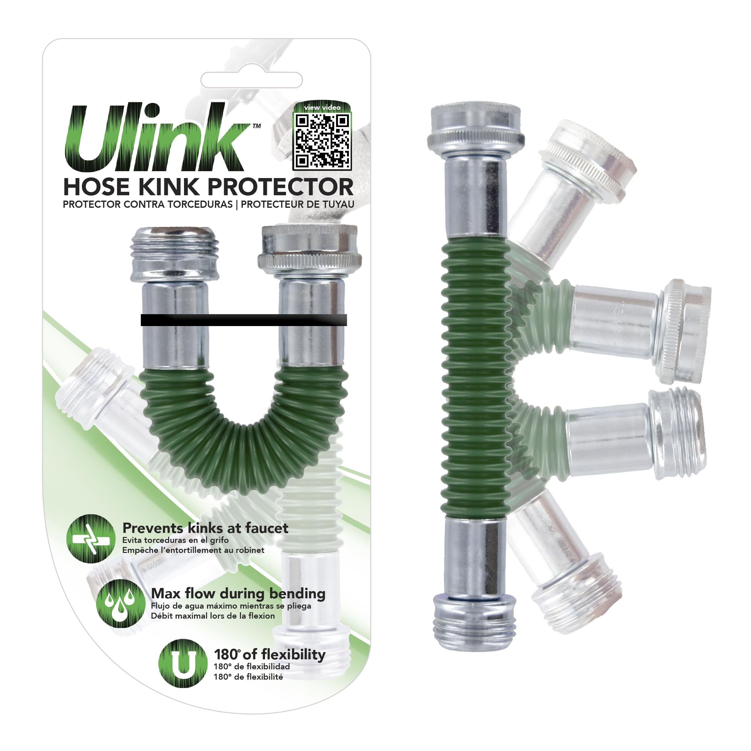 Plastair Ulink 180° Hose Kink Protector Drinking Water Safe Flexible Garden Hose Protector - Eliminates Crimping and Straining at Faucets for RV, Garden & Car Wash, Made in Canada, Green