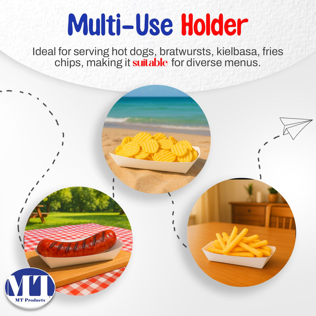 MT Products White Paper Hot Dog Tray/Plate - (Standard Size) Disposable Food Trays (Pack of 50) - Made in the USA